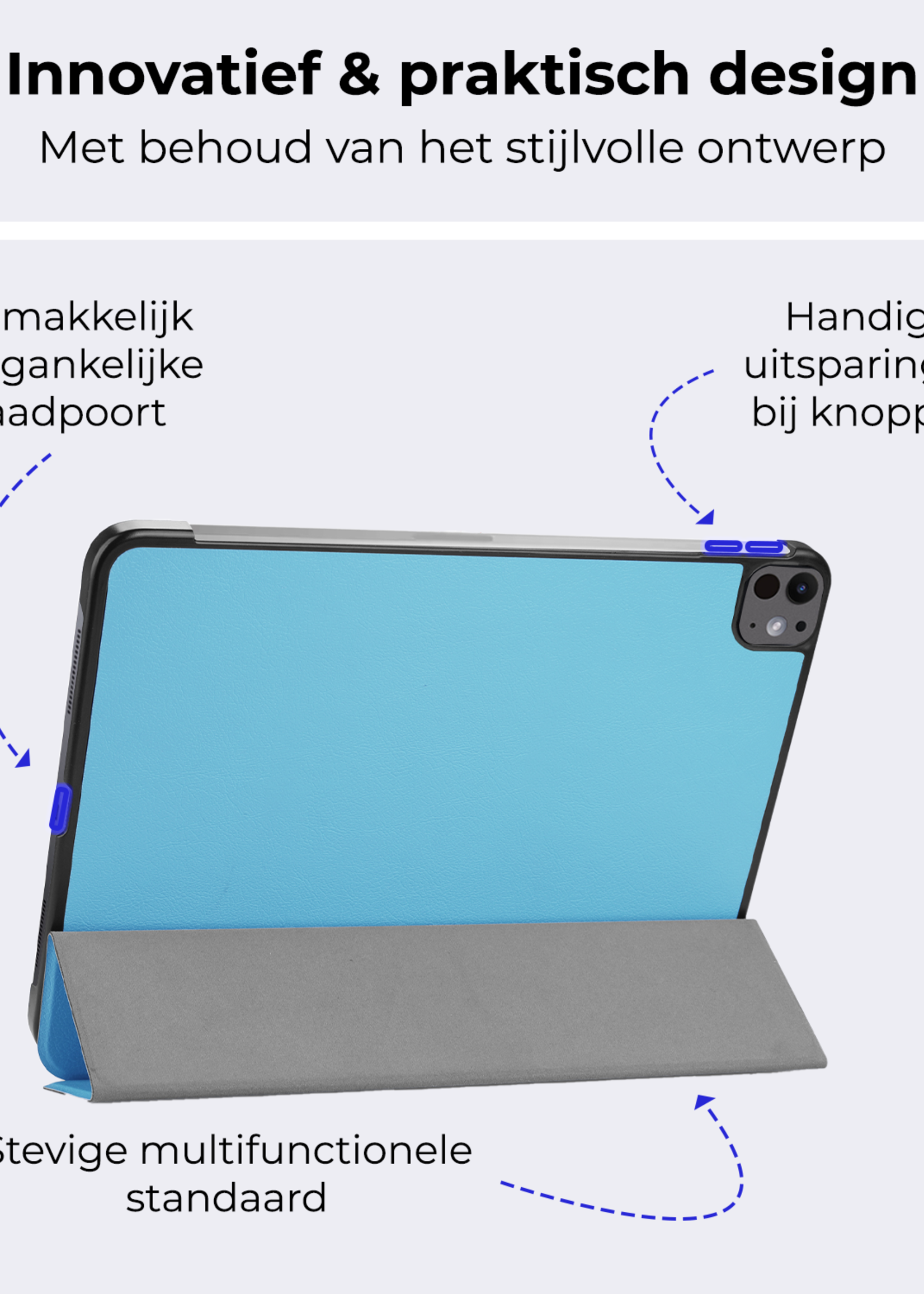 BTH Hoes Geschikt voor iPad Pro 2024 (11 inch) Hoes Book Case Hoesje Trifold Cover Met Screenprotector - Hoesje Geschikt voor iPad Pro 2024 11 inch (7e generatie) Hoesje Bookcase - Lichtblauw