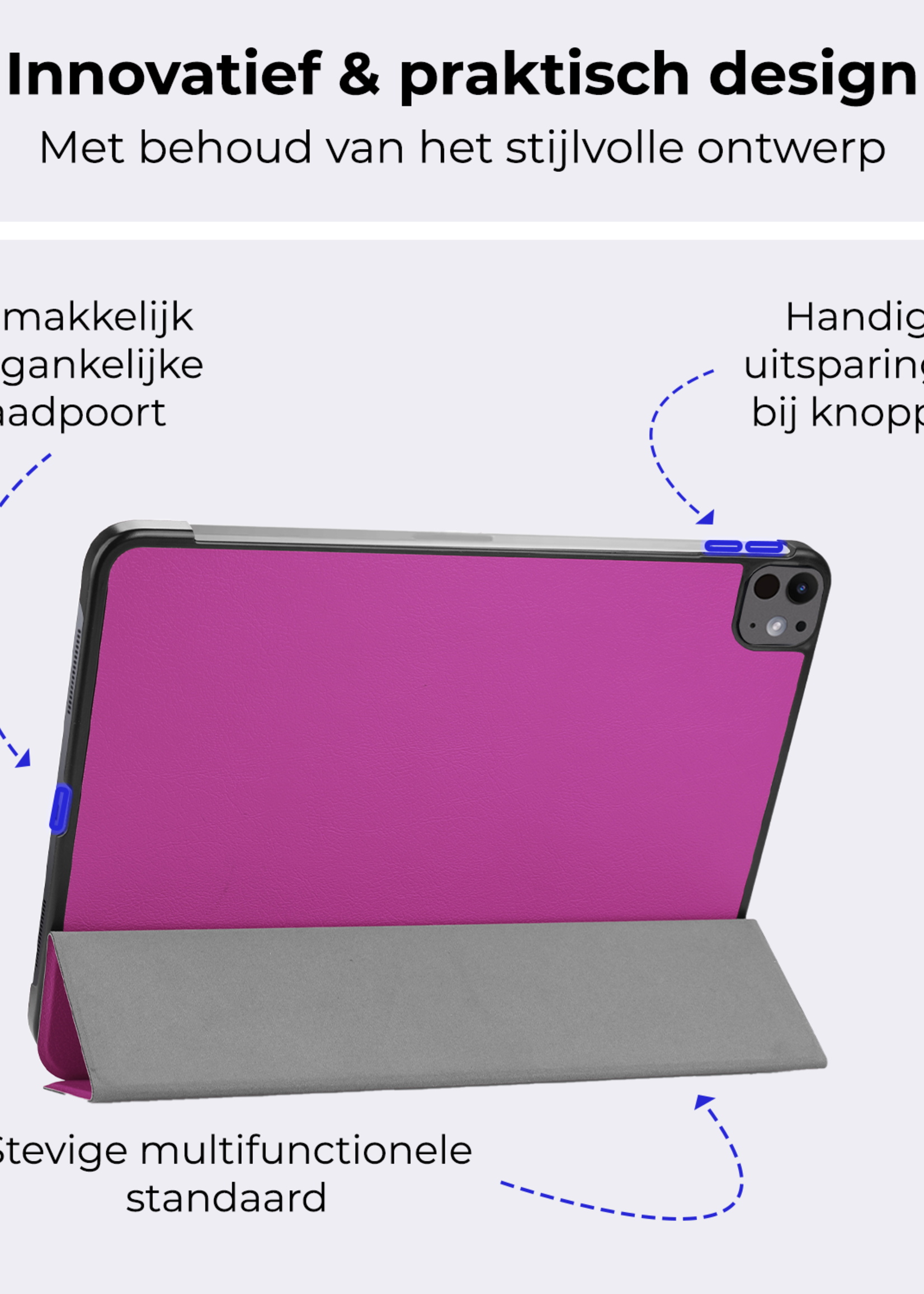 BTH Hoes Geschikt voor iPad Pro 2024 (11 inch) Hoes Book Case Hoesje Trifold Cover Met Screenprotector - Hoesje Geschikt voor iPad Pro 2024 11 inch (7e generatie) Hoesje Bookcase - Paars