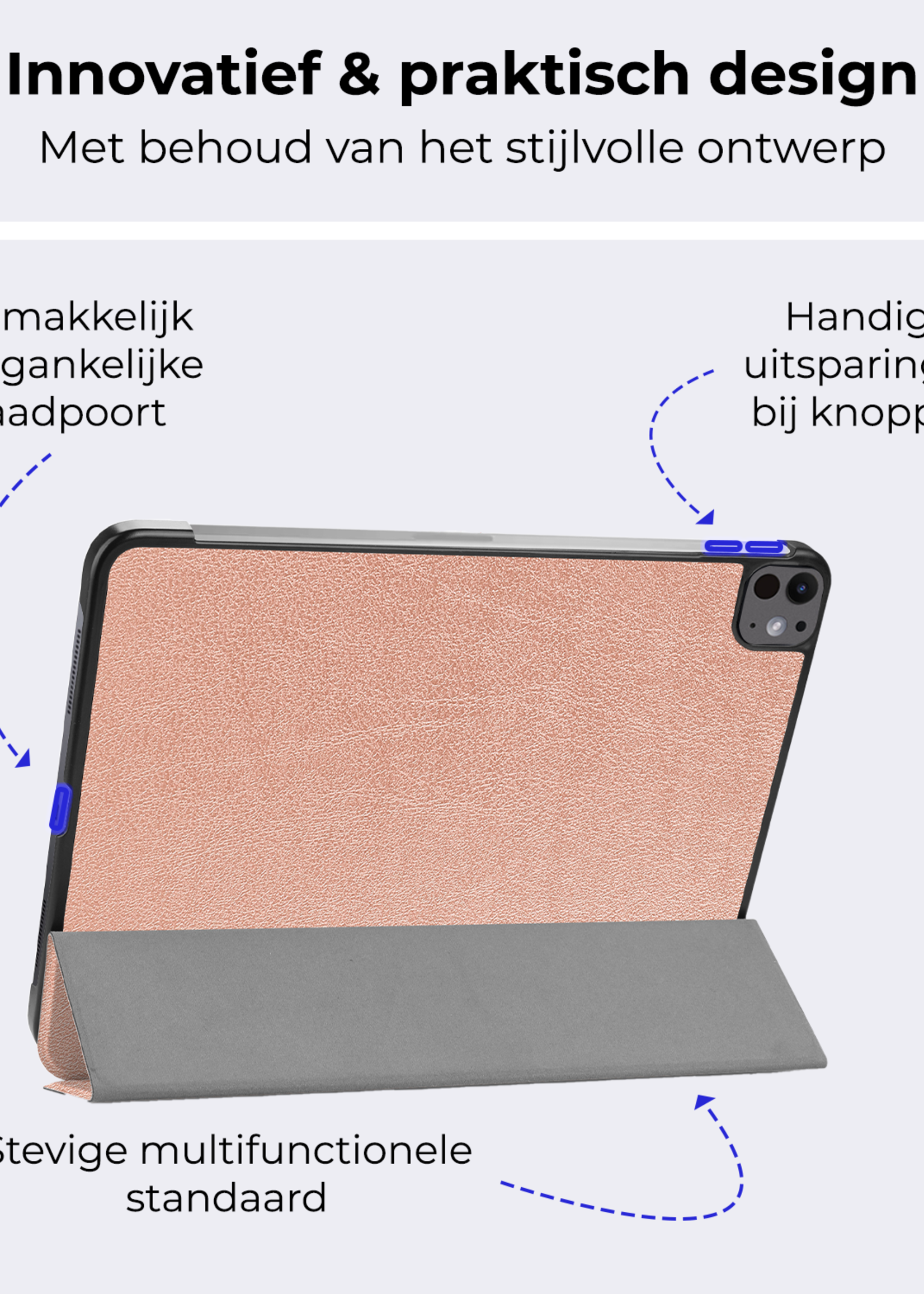 BTH Hoes Geschikt voor iPad Pro 2024 (11 inch) Hoes Book Case Hoesje Trifold Cover Met Screenprotector - Hoesje Geschikt voor iPad Pro 2024 11 inch (7e generatie) Hoesje Bookcase - Rosé goud