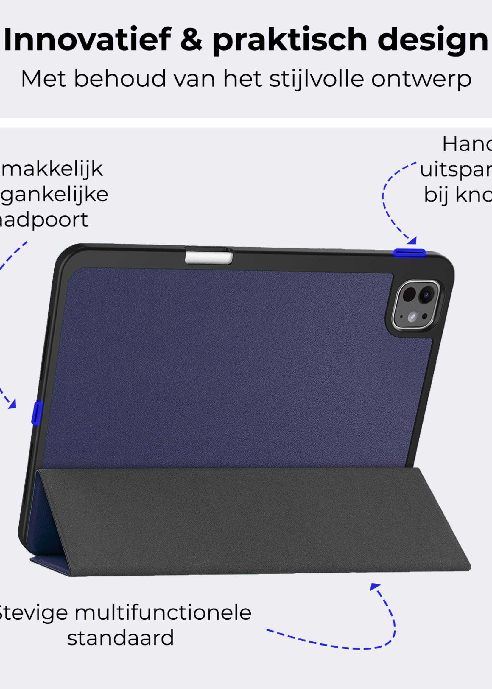 BTH Hoes Geschikt voor iPad Pro 2024 (11 inch) Hoes Book Case Hoesje Trifold Cover Met Uitsparing Geschikt voor Apple Pencil Met Screenprotector - Hoesje Geschikt voor iPad Pro 2024 11 inch (7e generatie) Hoesje Bookcase - Donkerblauw