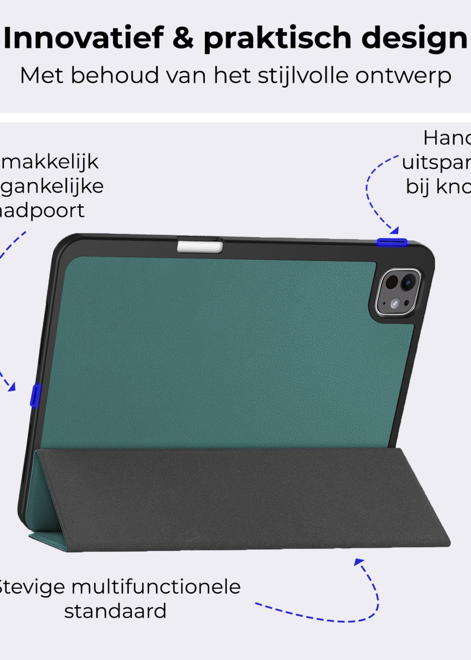 BTH Hoes Geschikt voor iPad Pro 2024 (11 inch) Hoes Book Case Hoesje Trifold Cover Met Uitsparing Geschikt voor Apple Pencil Met Screenprotector - Hoesje Geschikt voor iPad Pro 2024 11 inch (7e generatie) Hoesje Bookcase - Donkergroen