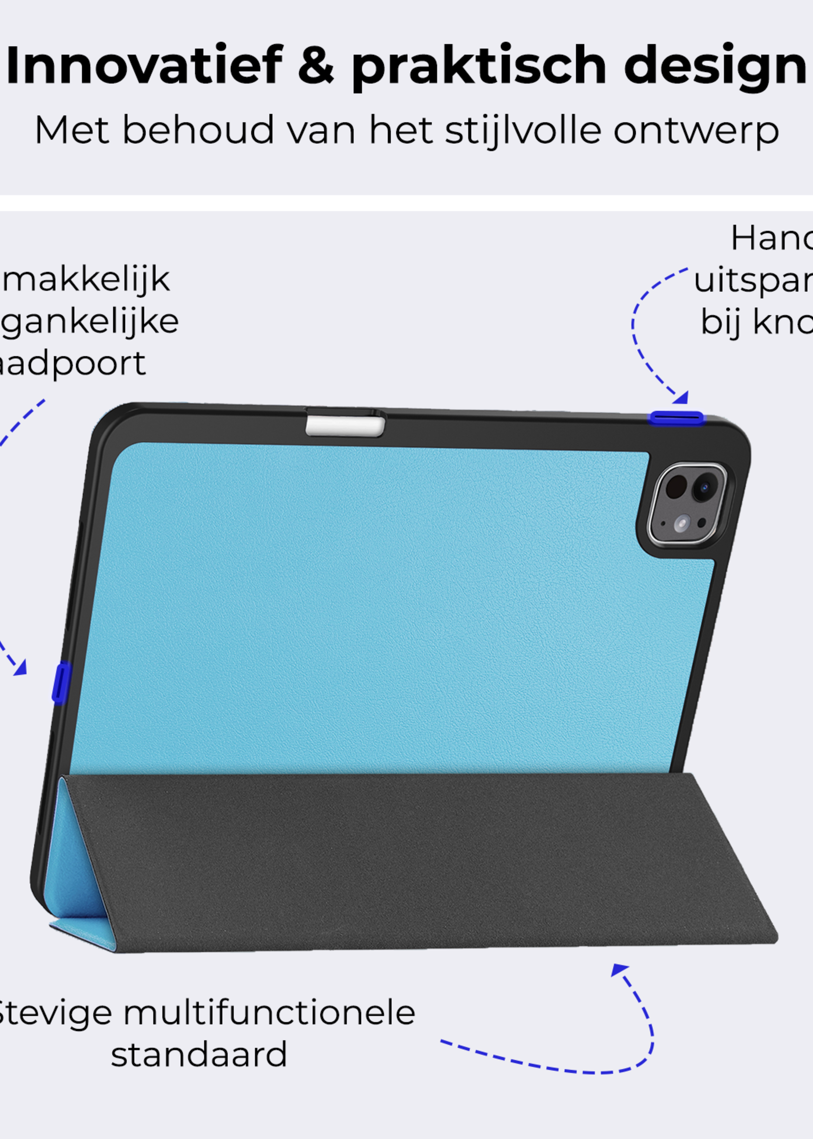 BTH Hoes Geschikt voor iPad Pro 2024 (11 inch) Hoes Book Case Hoesje Trifold Cover Met Uitsparing Geschikt voor Apple Pencil Met Screenprotector - Hoesje Geschikt voor iPad Pro 2024 11 inch (7e generatie) Hoesje Bookcase - Lichtblauw