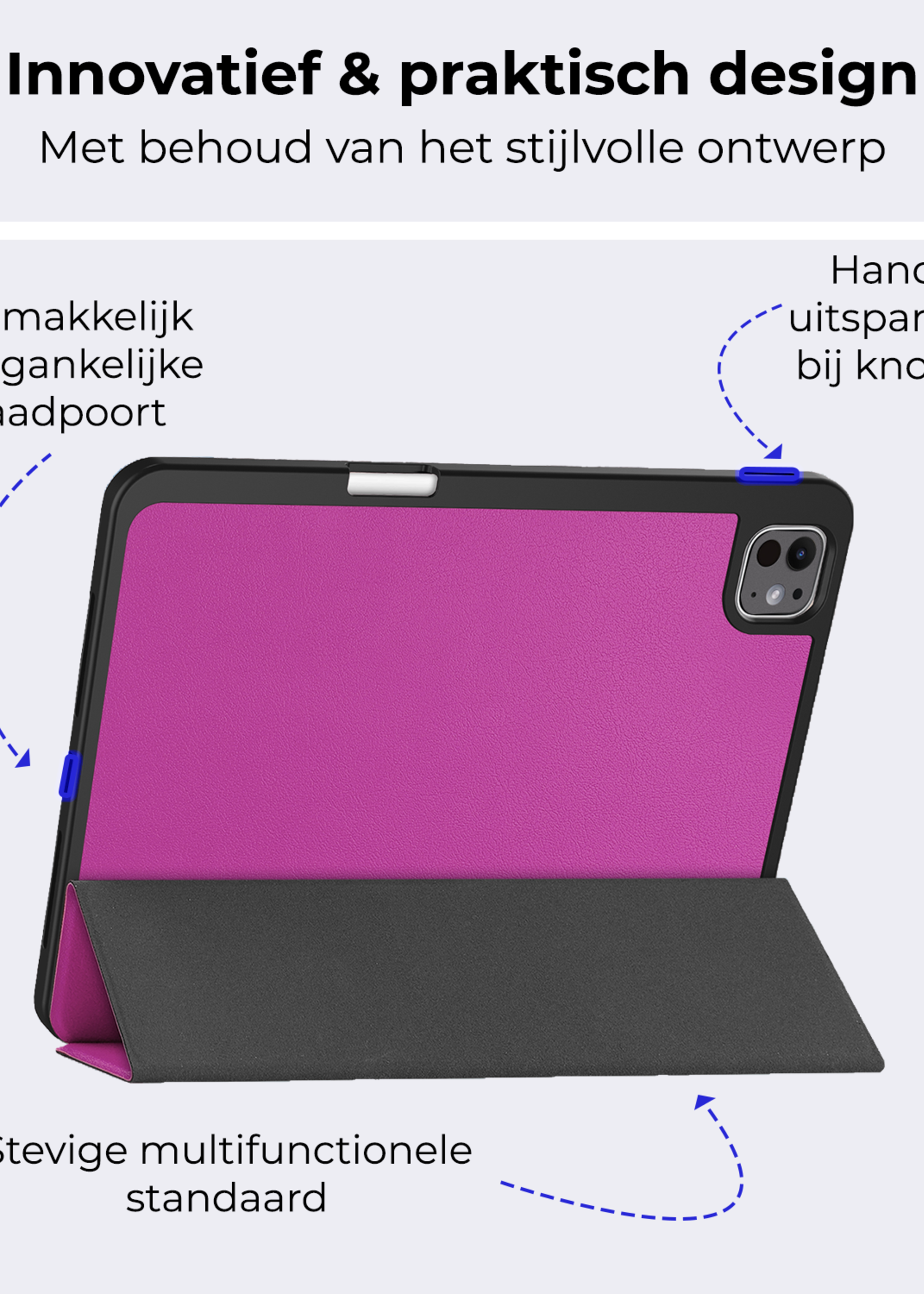 BTH Hoes Geschikt voor iPad Pro 2024 (11 inch) Hoes Book Case Hoesje Trifold Cover Met Uitsparing Geschikt voor Apple Pencil Met Screenprotector - Hoesje Geschikt voor iPad Pro 2024 11 inch (7e generatie) Hoesje Bookcase - Paars