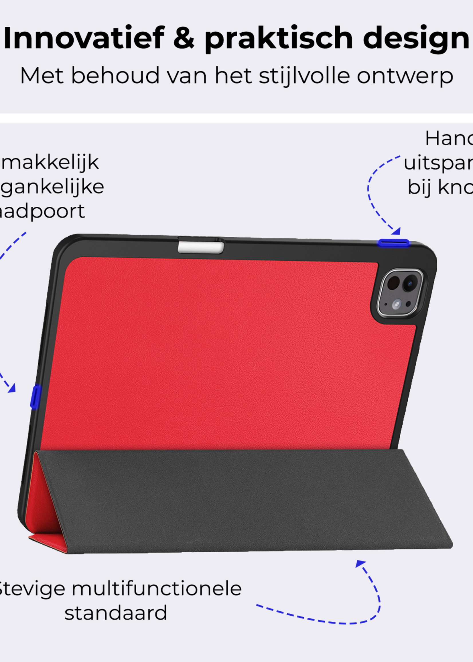 BTH Hoes Geschikt voor iPad Pro 2024 (11 inch) Hoes Book Case Hoesje Trifold Cover Met Uitsparing Geschikt voor Apple Pencil Met Screenprotector - Hoesje Geschikt voor iPad Pro 2024 11 inch (7e generatie) Hoesje Bookcase - Rood