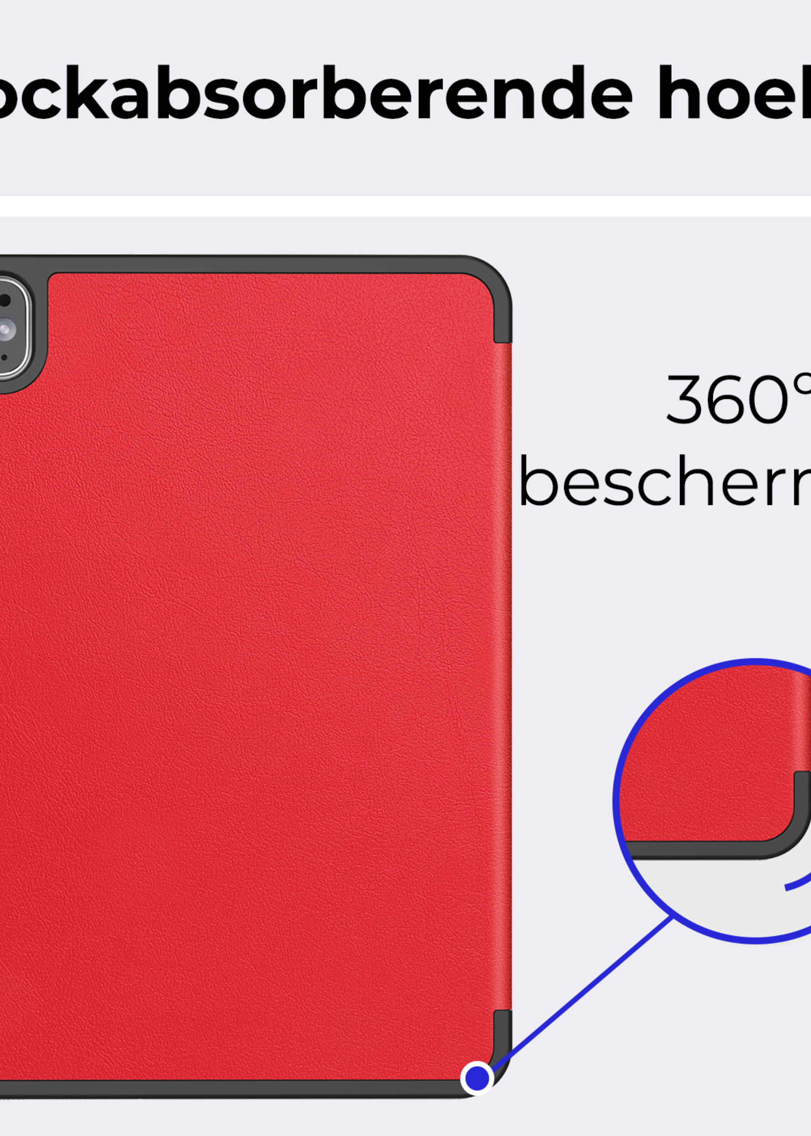 BTH Hoes Geschikt voor iPad Pro 2024 (11 inch) Hoes Book Case Hoesje Trifold Cover Met Uitsparing Geschikt voor Apple Pencil Met Screenprotector - Hoesje Geschikt voor iPad Pro 2024 11 inch (7e generatie) Hoesje Bookcase - Rood