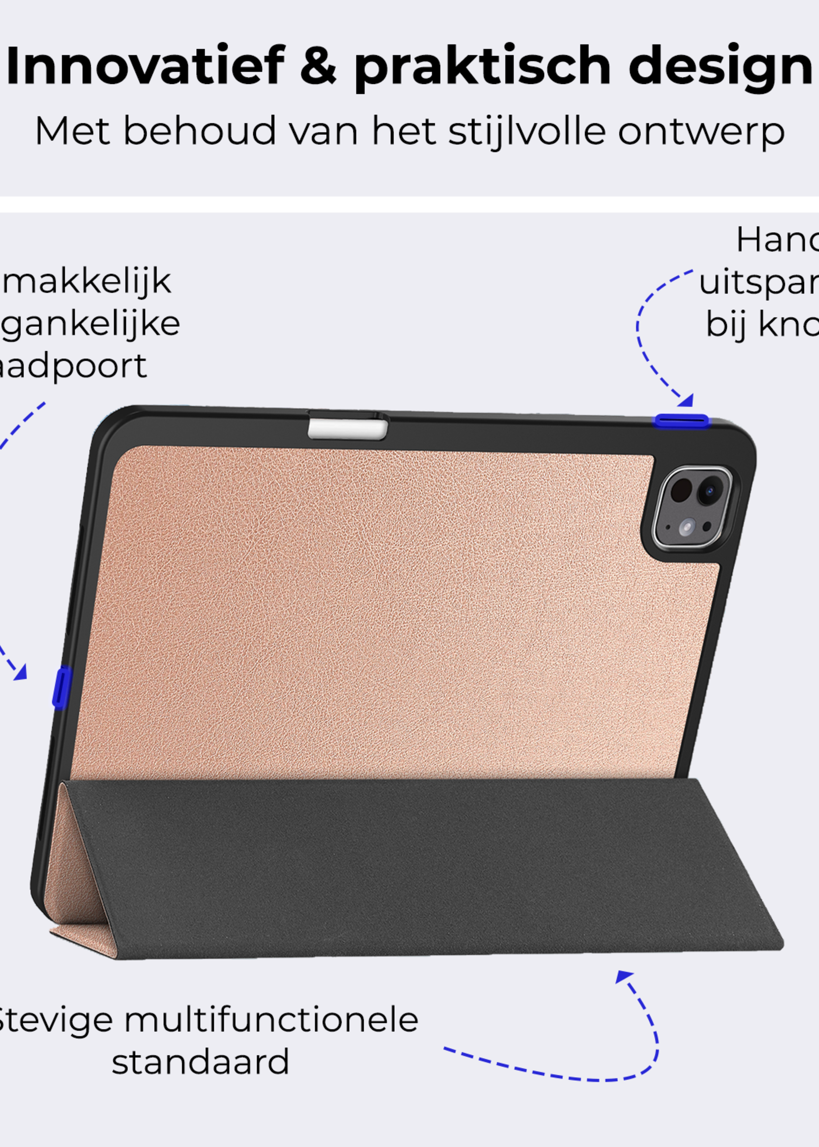 BTH Hoes Geschikt voor iPad Pro 2024 (13 inch) Hoes Book Case Hoesje Trifold Cover Met Uitsparing Geschikt voor Apple Pencil Met Screenprotector - Hoesje Geschikt voor iPad Pro 2024 13 inch (7e generatie) Hoesje Bookcase - Rosé goud