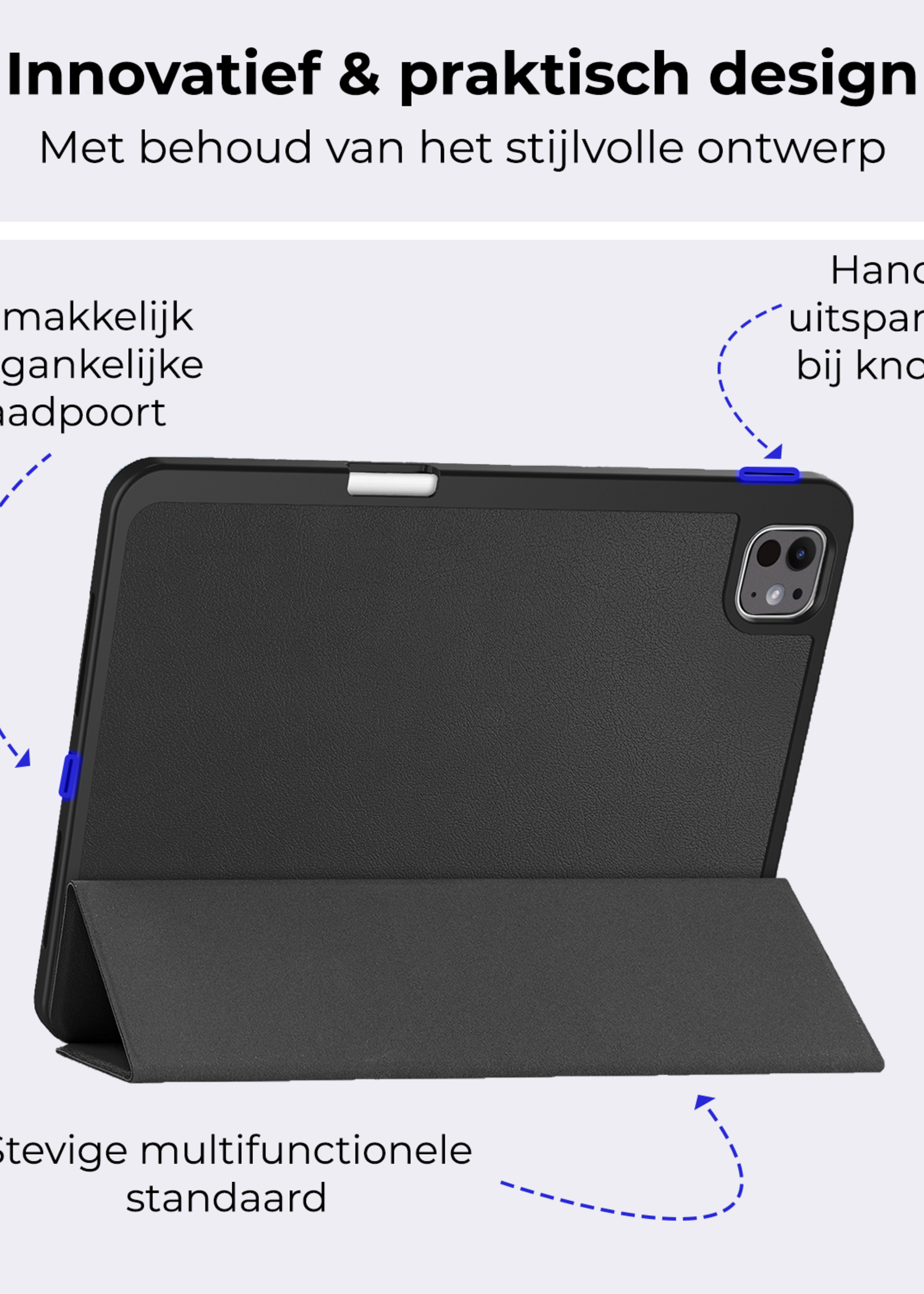 BTH Hoes Geschikt voor iPad Pro 2024 (13 inch) Hoes Book Case Hoesje Trifold Cover Met Uitsparing Geschikt voor Apple Pencil Met Screenprotector - Hoesje Geschikt voor iPad Pro 2024 13 inch (7e generatie) Hoesje Bookcase - Zwart