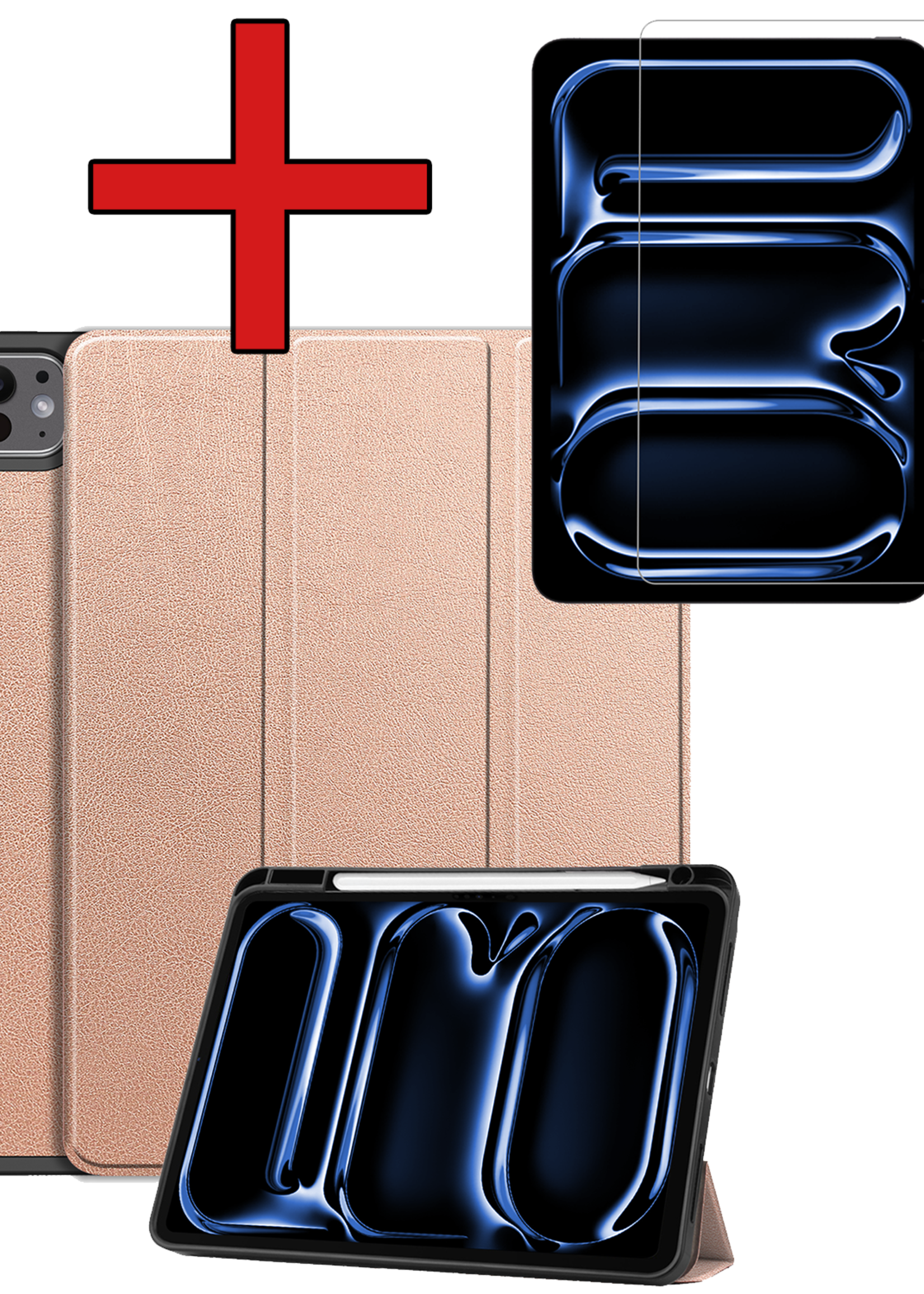 BTH Hoes Geschikt voor iPad Pro 2024 (11 inch) Hoes Book Case Hoesje Trifold Cover Met Uitsparing Geschikt voor Apple Pencil Met Screenprotector - Hoesje Geschikt voor iPad Pro 2024 11 inch (7e generatie) Hoesje Bookcase - Rosé goud