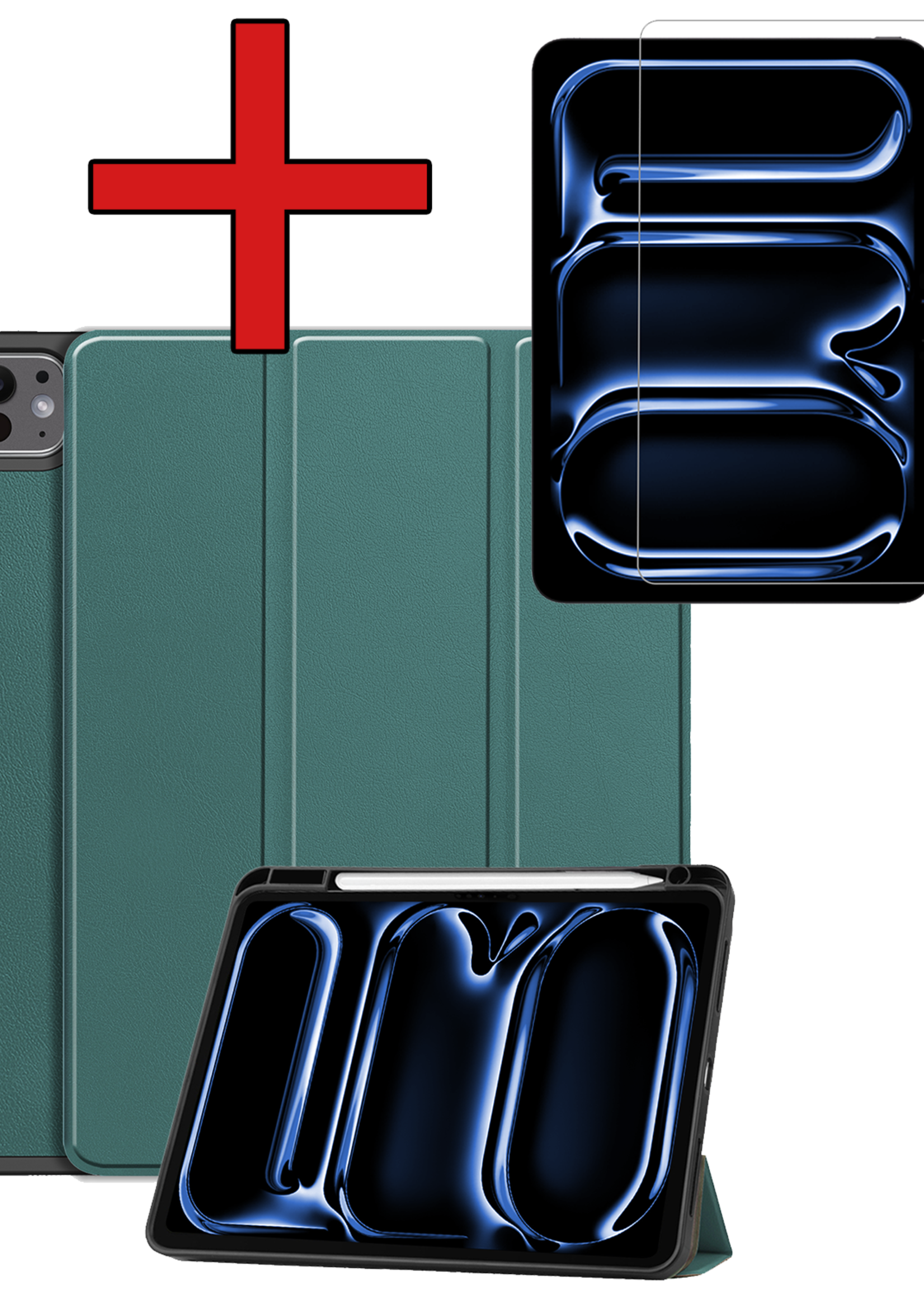 BTH Hoes Geschikt voor iPad Pro 2024 (11 inch) Hoes Book Case Hoesje Trifold Cover Met Uitsparing Geschikt voor Apple Pencil Met Screenprotector - Hoesje Geschikt voor iPad Pro 2024 11 inch (7e generatie) Hoesje Bookcase - Donkergroen