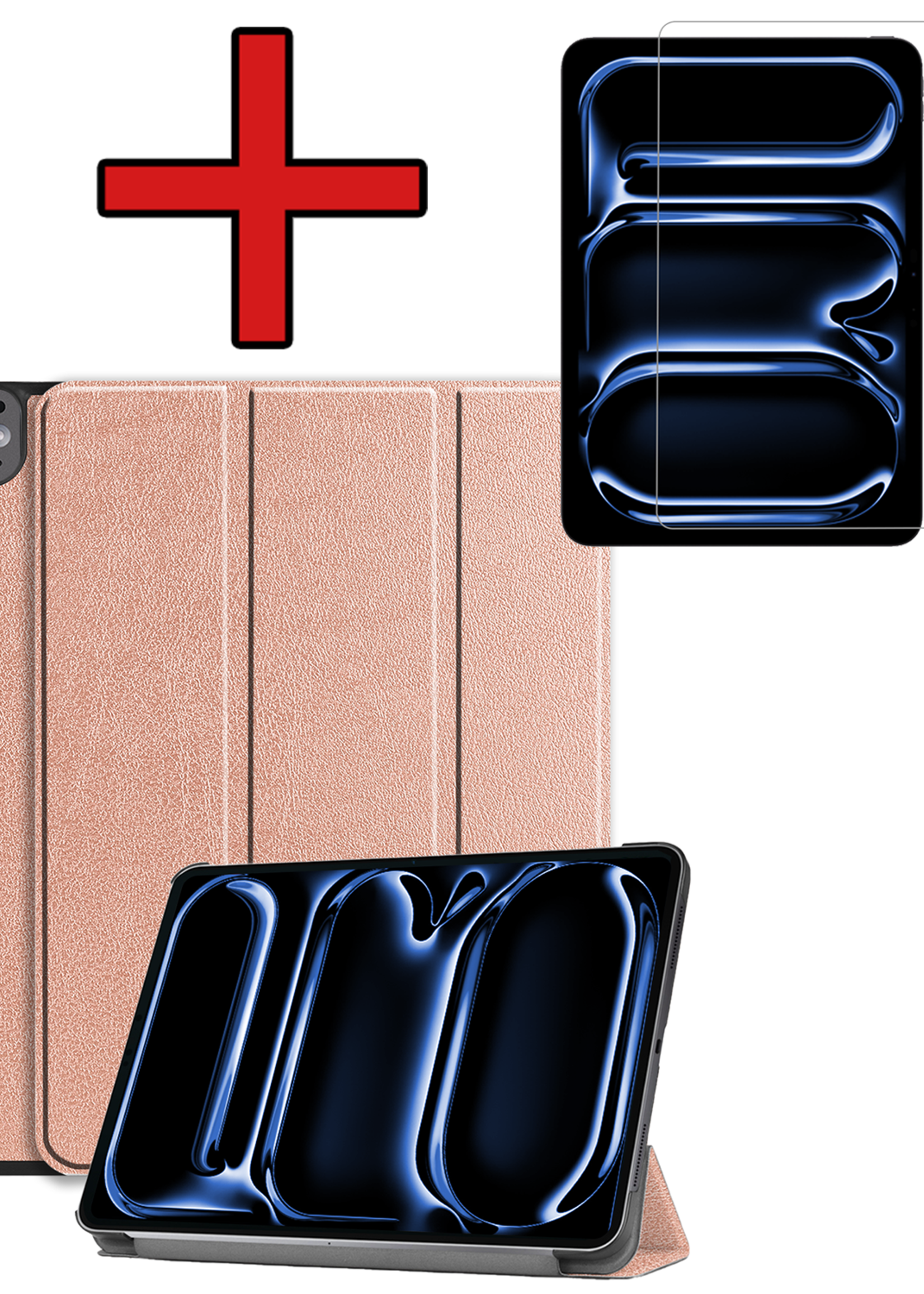 BTH Hoes Geschikt voor iPad Pro 2024 (11 inch) Hoes Book Case Hoesje Trifold Cover Met Screenprotector - Hoesje Geschikt voor iPad Pro 2024 11 inch (7e generatie) Hoesje Bookcase - Rosé goud