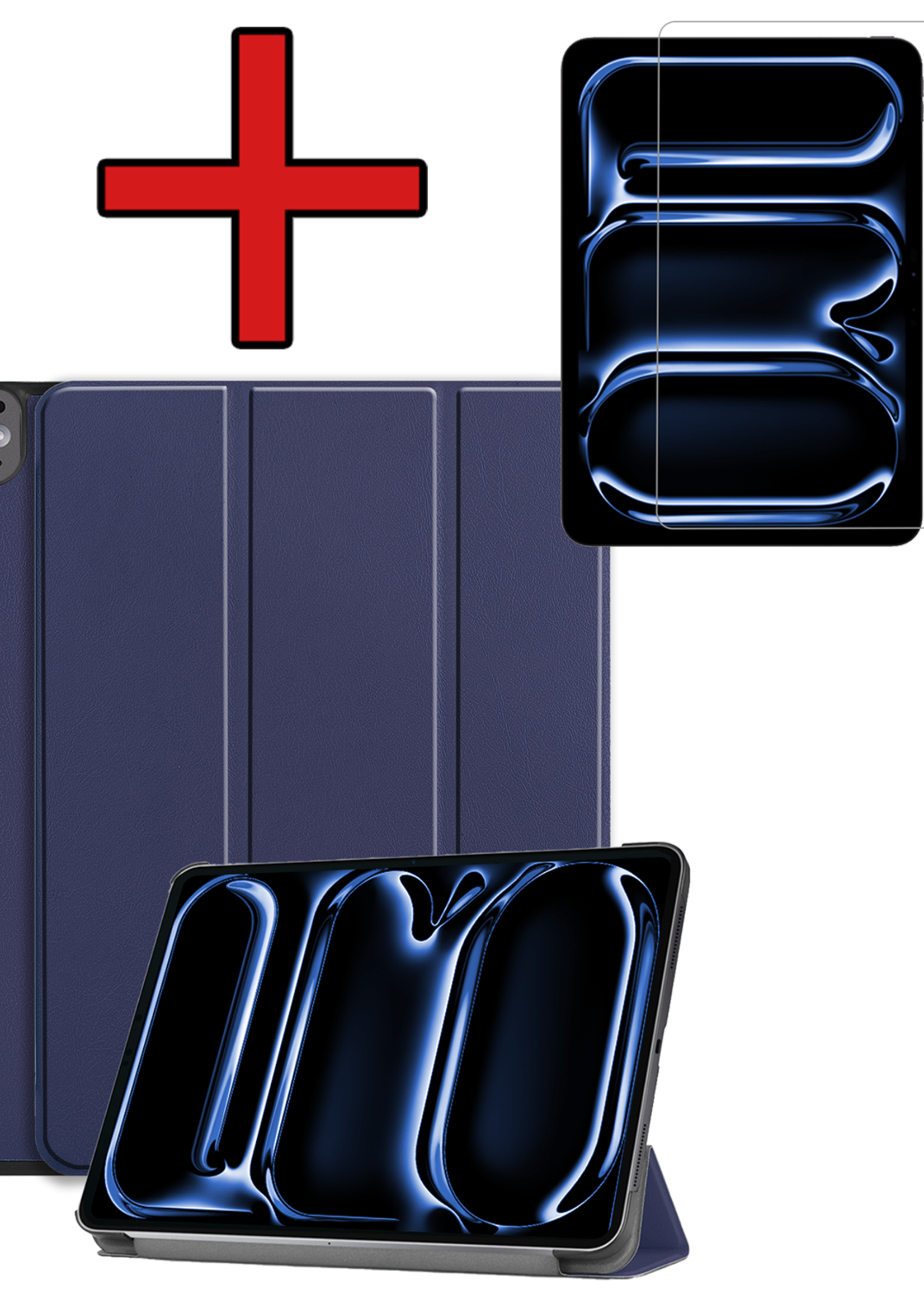 BTH Hoes Geschikt voor iPad Pro 2024 (11 inch) Hoes Book Case Hoesje Trifold Cover Met Screenprotector - Hoesje Geschikt voor iPad Pro 2024 11 inch (7e generatie) Hoesje Bookcase - Donkerblauw