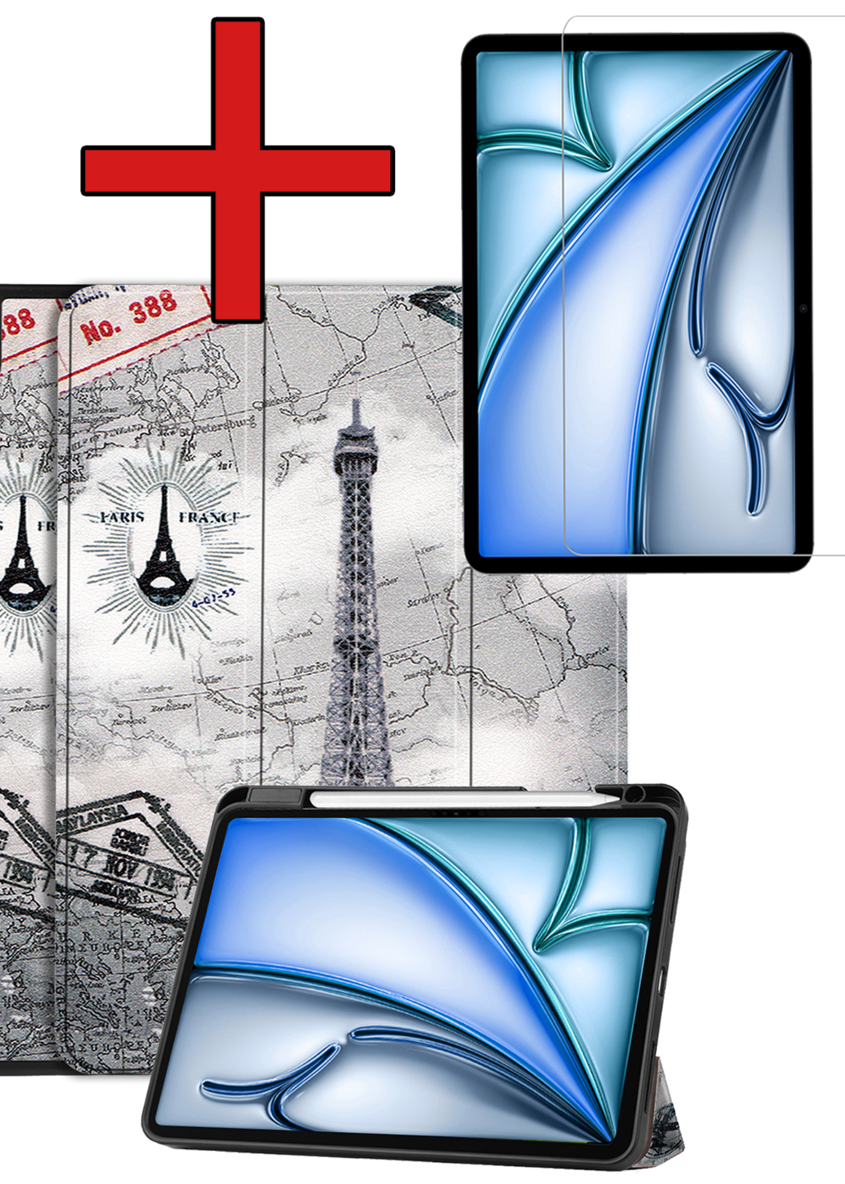 BTH Hoes Geschikt voor iPad Air 6 (13 inch) Hoes Book Case Hoesje Trifold Cover Met Uitsparing Geschikt voor Apple Pencil Met Screenprotector - Hoesje Geschikt voor iPad Air 2024 (13 inch) Hoesje Bookcase - Eiffeltoren
