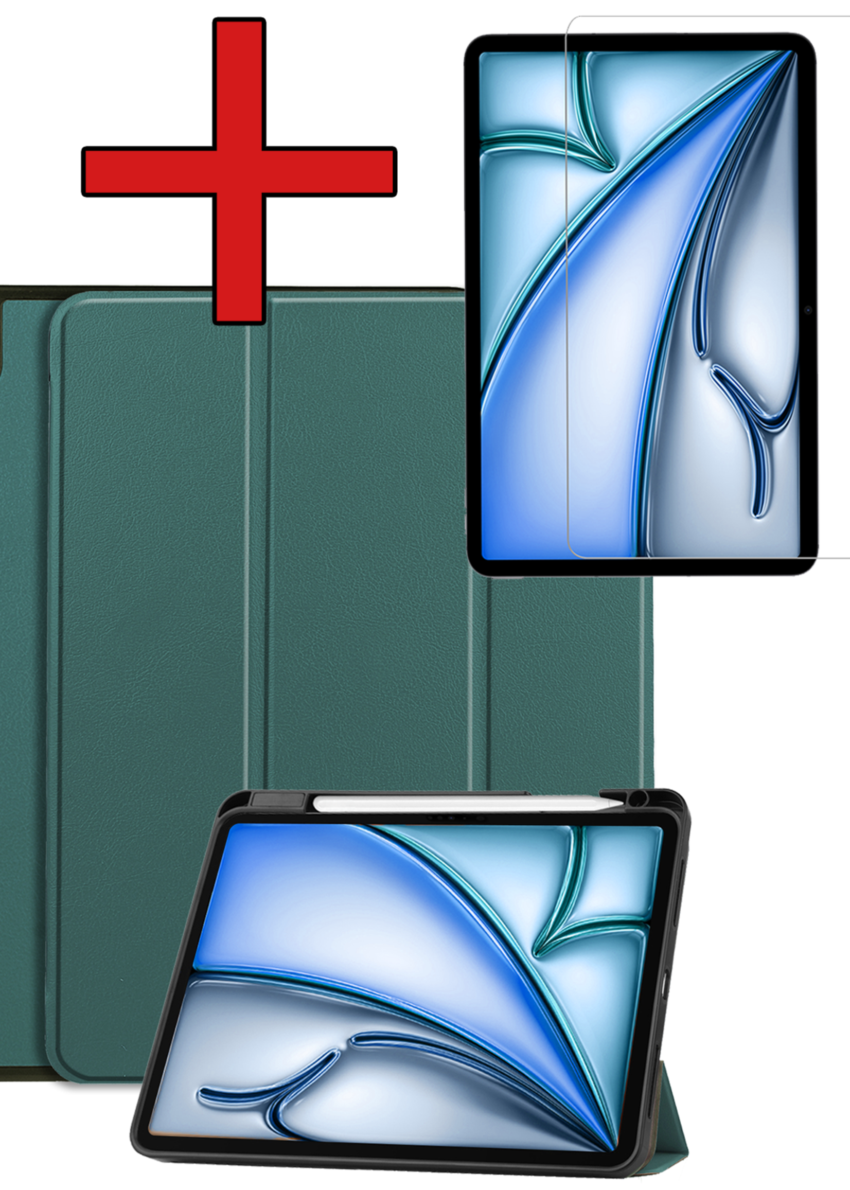 BTH Hoes Geschikt voor iPad Air 6 (13 inch) Hoes Book Case Hoesje Trifold Cover Met Uitsparing Geschikt voor Apple Pencil Met Screenprotector - Hoesje Geschikt voor iPad Air 2024 (13 inch) Hoesje Bookcase - Donkergroen