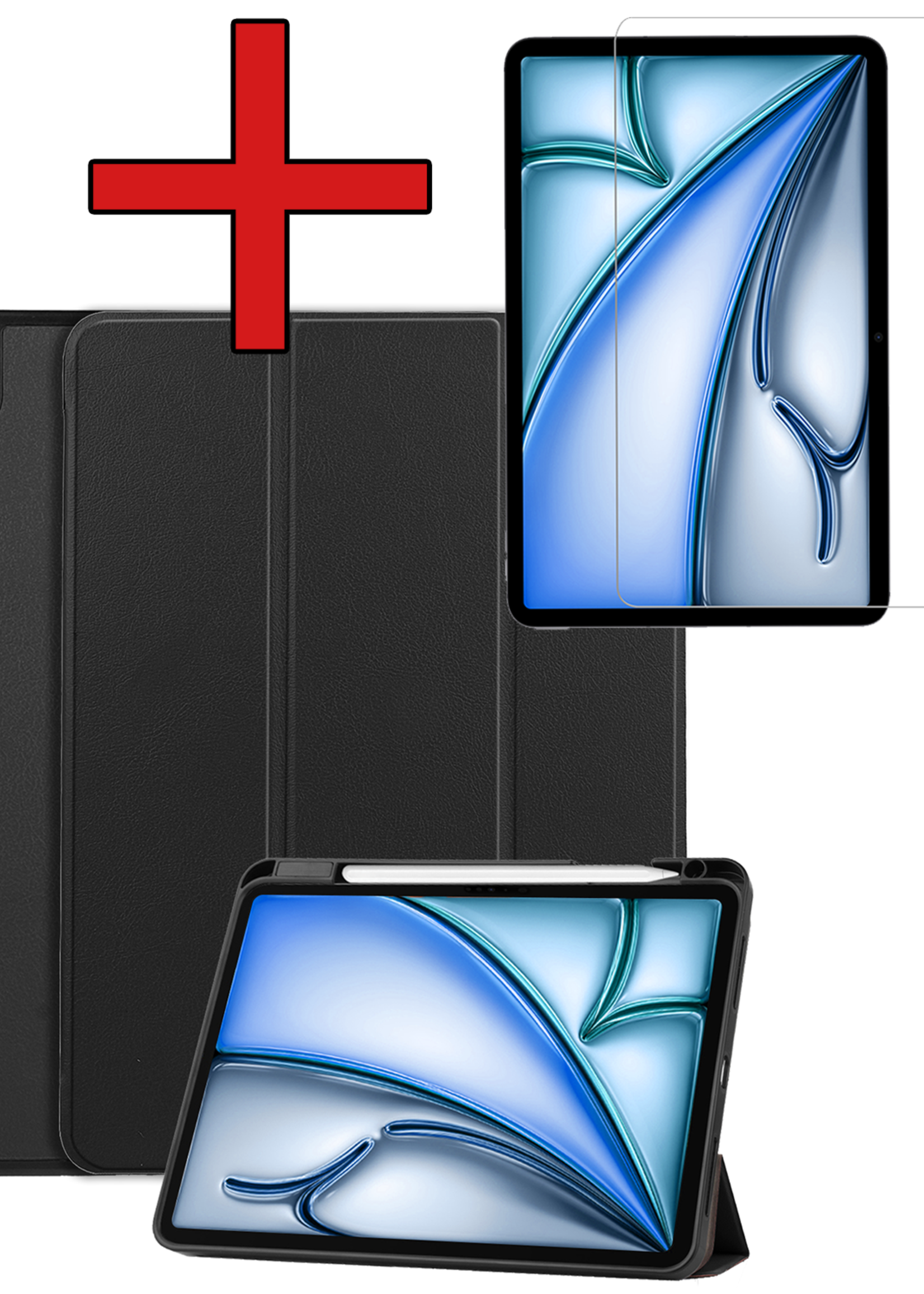 BTH Hoes Geschikt voor iPad Air 6 (11 inch) Hoes Book Case Hoesje Trifold Cover Met Uitsparing Geschikt voor Apple Pencil Met Screenprotector - Hoesje Geschikt voor iPad Air 2024 (11 inch) Hoesje Bookcase - Zwart