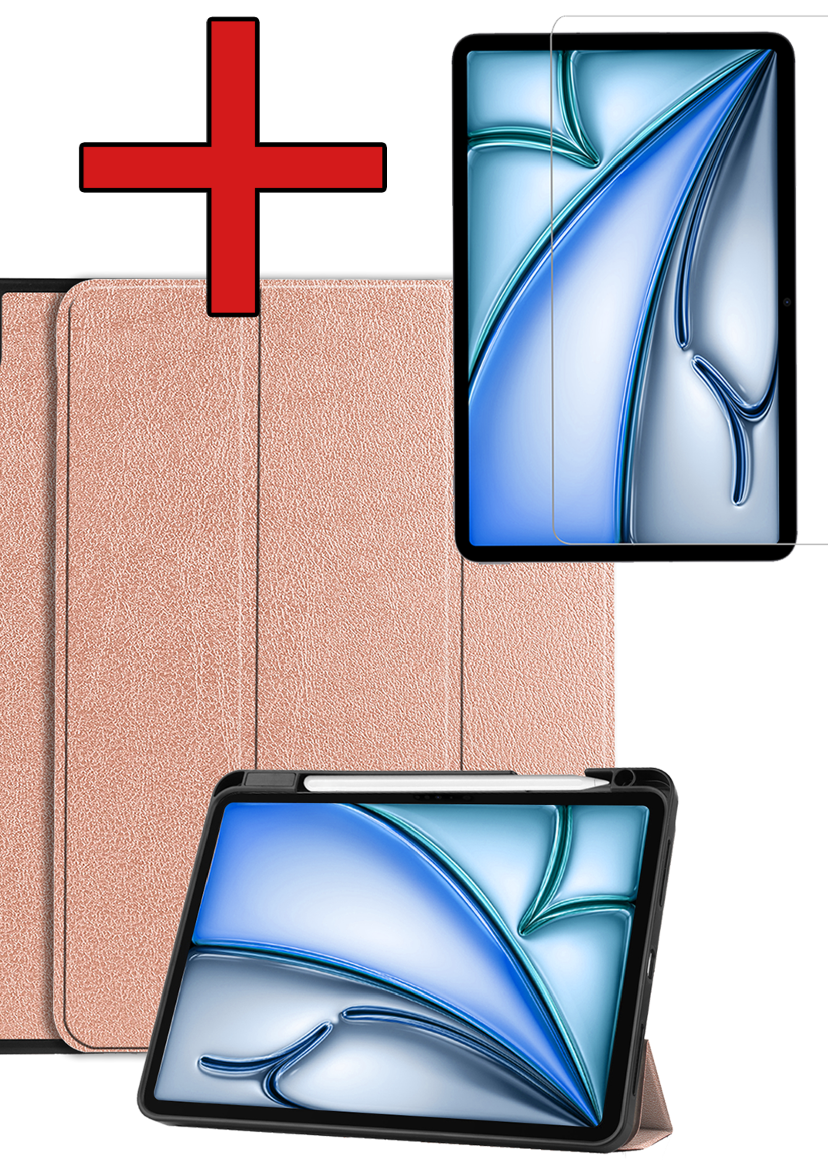 BTH Hoes Geschikt voor iPad Air 6 (11 inch) Hoes Book Case Hoesje Trifold Cover Met Uitsparing Geschikt voor Apple Pencil Met Screenprotector - Hoesje Geschikt voor iPad Air 2024 (11 inch) Hoesje Bookcase - Rosé goud