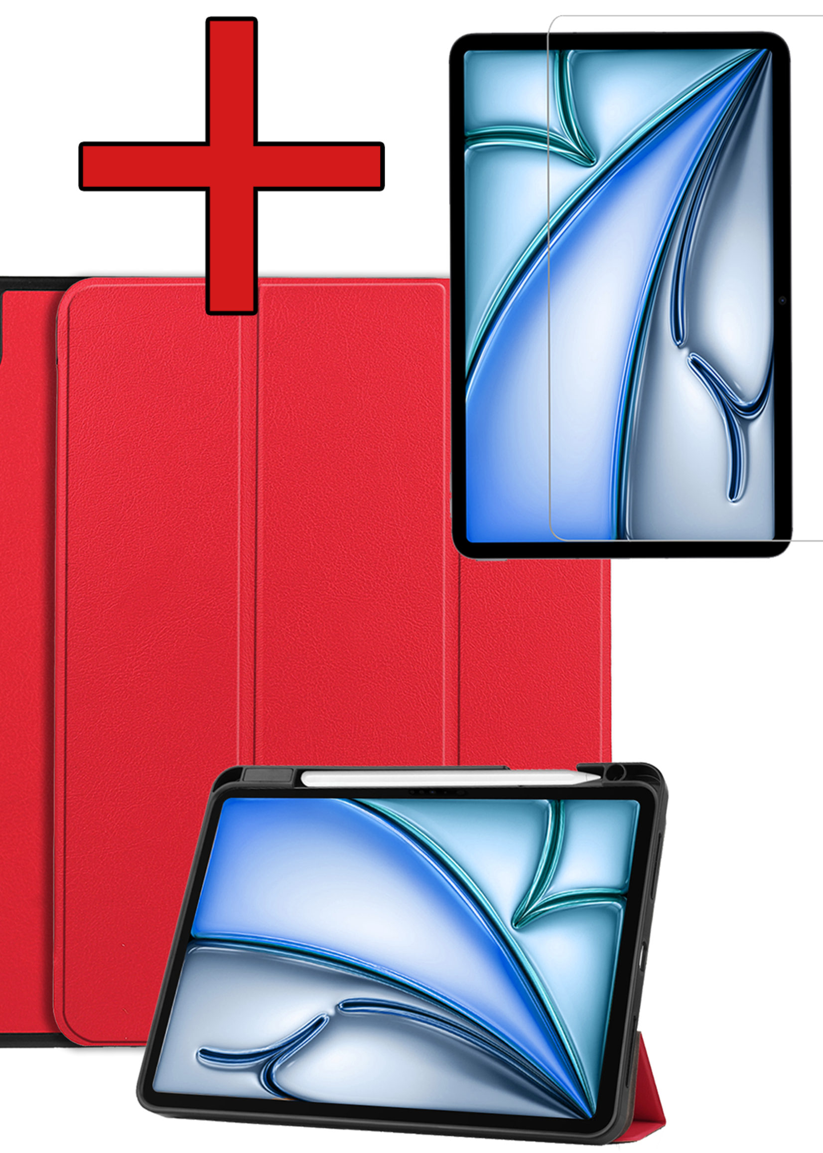 BTH Hoes Geschikt voor iPad Air 6 (11 inch) Hoes Book Case Hoesje Trifold Cover Met Uitsparing Geschikt voor Apple Pencil Met Screenprotector - Hoesje Geschikt voor iPad Air 2024 (11 inch) Hoesje Bookcase - Rood