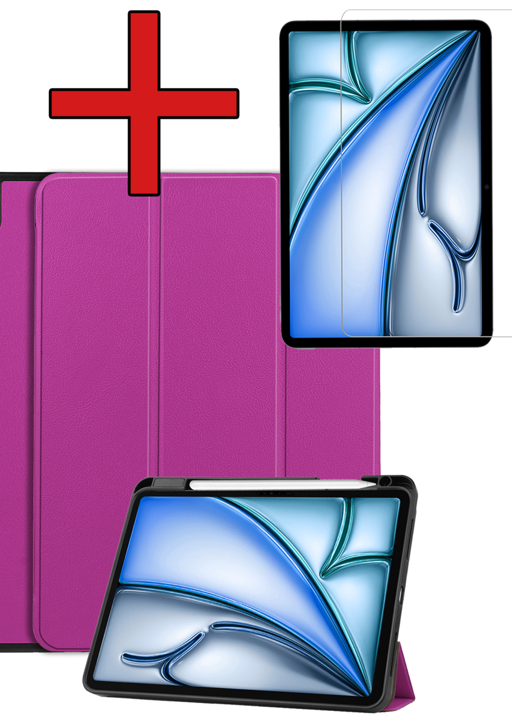 BTH Hoes Geschikt voor iPad Air 6 (11 inch) Hoes Book Case Hoesje Trifold Cover Met Uitsparing Geschikt voor Apple Pencil Met Screenprotector - Hoesje Geschikt voor iPad Air 2024 (11 inch) Hoesje Bookcase - Paars