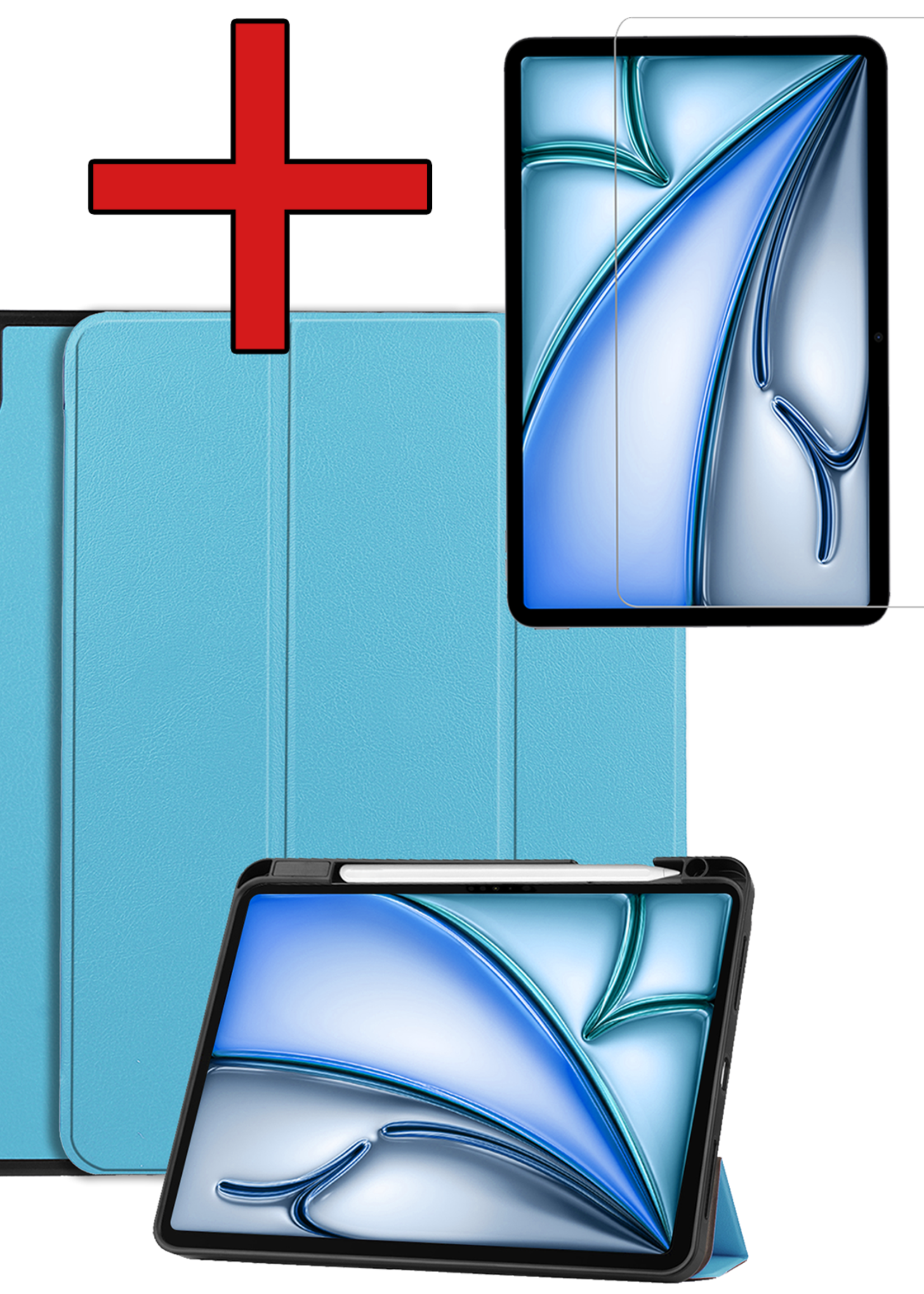 BTH Hoes Geschikt voor iPad Air 6 (11 inch) Hoes Book Case Hoesje Trifold Cover Met Uitsparing Geschikt voor Apple Pencil Met Screenprotector - Hoesje Geschikt voor iPad Air 2024 (11 inch) Hoesje Bookcase - Lichtblauw