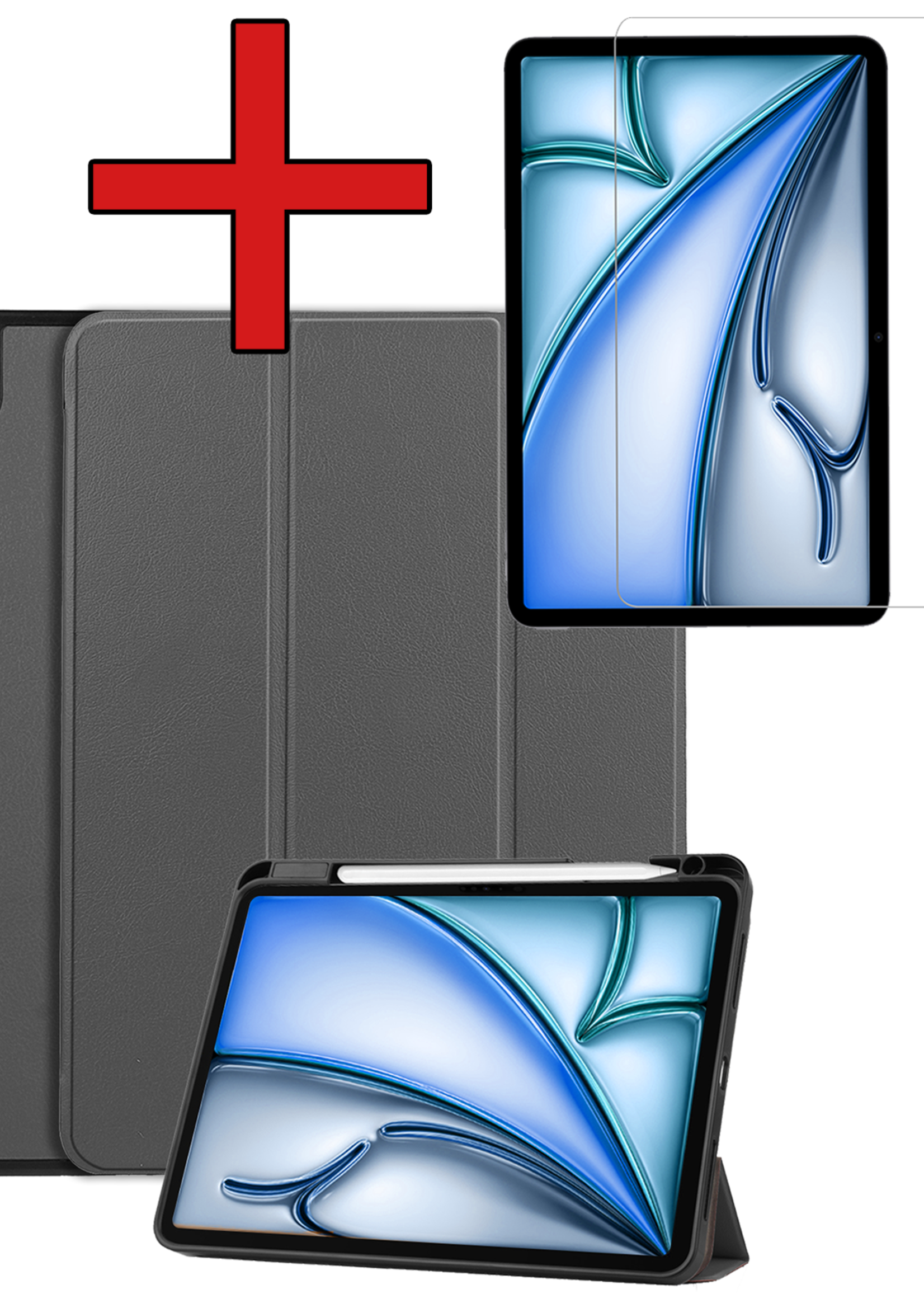 BTH Hoes Geschikt voor iPad Air 6 (11 inch) Hoes Book Case Hoesje Trifold Cover Met Uitsparing Geschikt voor Apple Pencil Met Screenprotector - Hoesje Geschikt voor iPad Air 2024 (11 inch) Hoesje Bookcase - Grijs