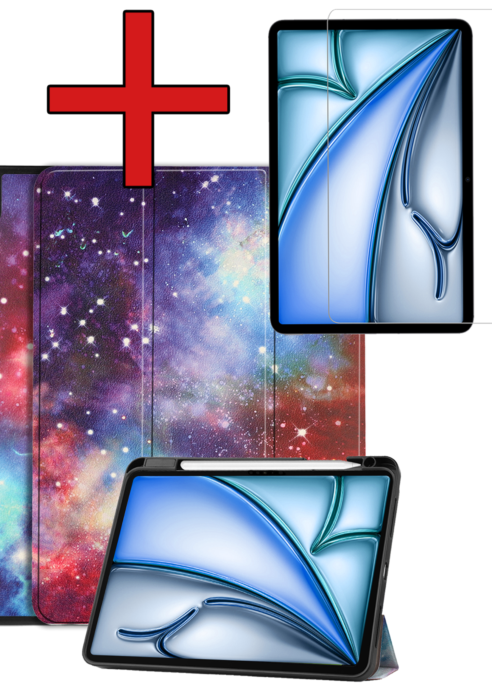 BTH Hoes Geschikt voor iPad Air 6 (11 inch) Hoes Book Case Hoesje Trifold Cover Met Uitsparing Geschikt voor Apple Pencil Met Screenprotector - Hoesje Geschikt voor iPad Air 2024 (11 inch) Hoesje Bookcase - Galaxy
