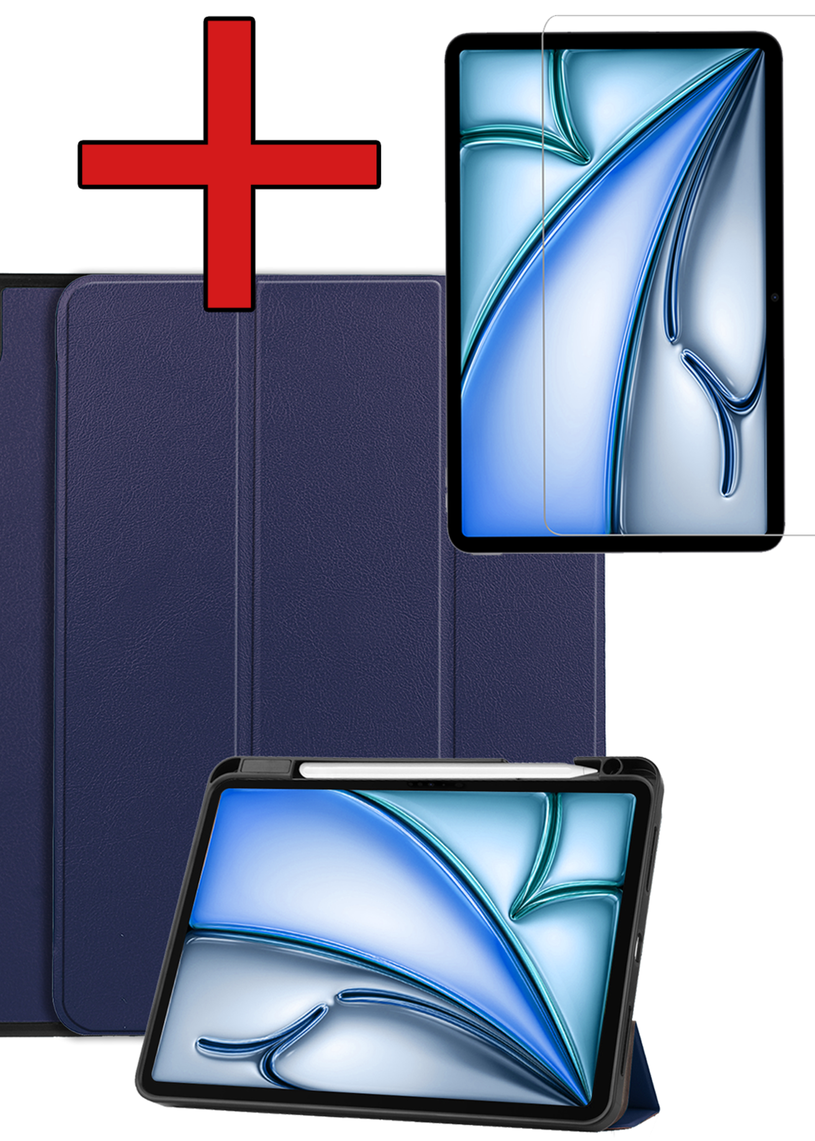 BTH Hoes Geschikt voor iPad Air 6 (11 inch) Hoes Book Case Hoesje Trifold Cover Met Uitsparing Geschikt voor Apple Pencil Met Screenprotector - Hoesje Geschikt voor iPad Air 2024 (11 inch) Hoesje Bookcase - Donkerblauw