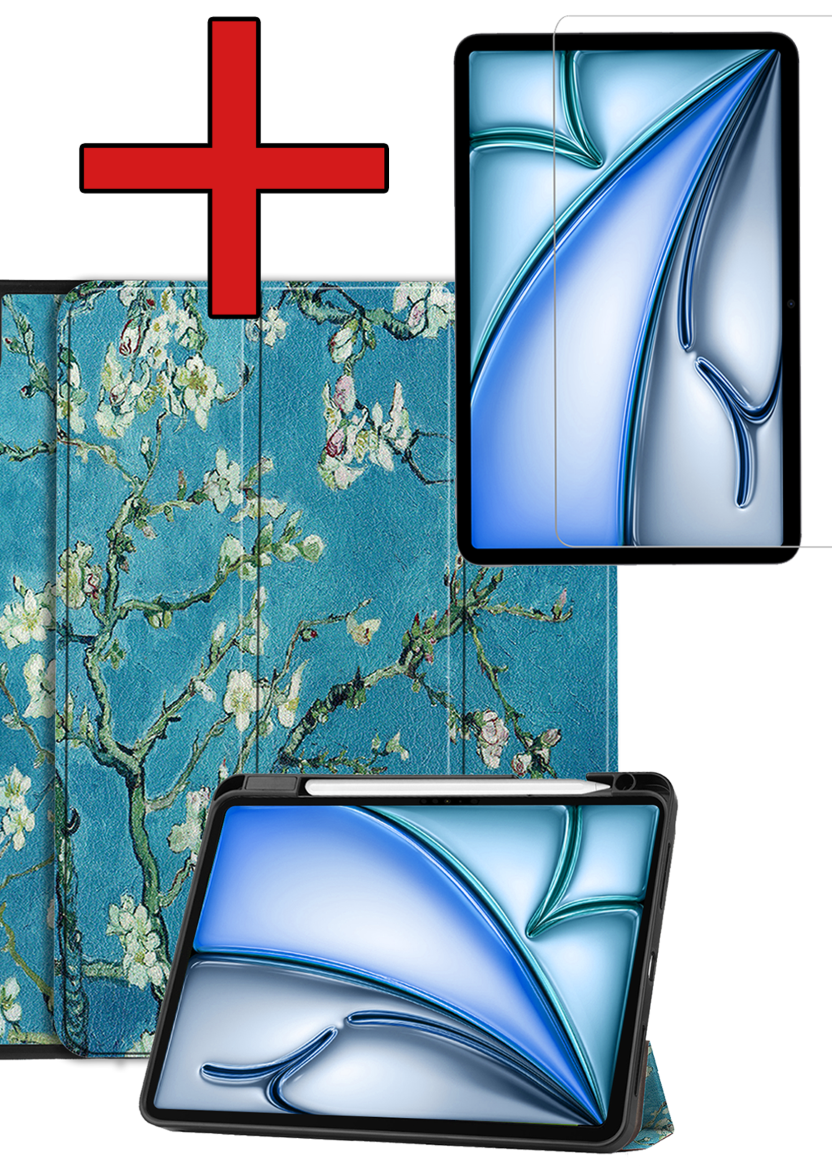 BTH Hoes Geschikt voor iPad Air 6 (11 inch) Hoes Book Case Hoesje Trifold Cover Met Uitsparing Geschikt voor Apple Pencil Met Screenprotector - Hoesje Geschikt voor iPad Air 2024 (11 inch) Hoesje Bookcase - Bloesem