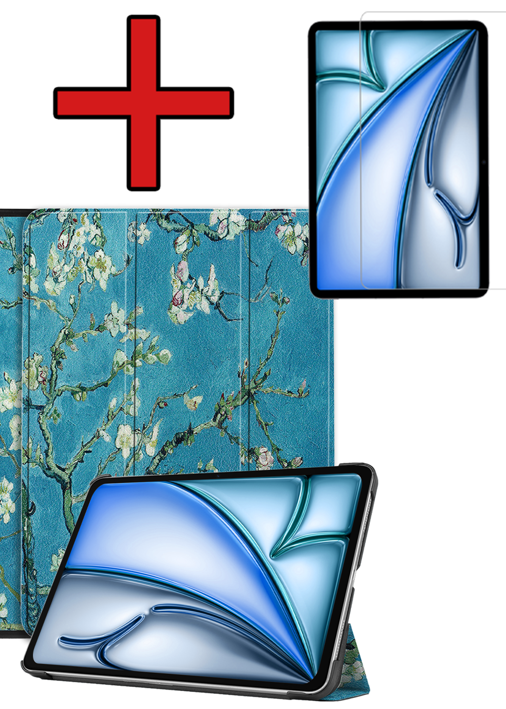BTH Hoes Geschikt voor iPad Air 6 (11 inch) Hoes Book Case Hoesje Trifold Cover Met Screenprotector - Hoesje Geschikt voor iPad Air 2024 (11 inch) Hoesje Bookcase - Bloesem