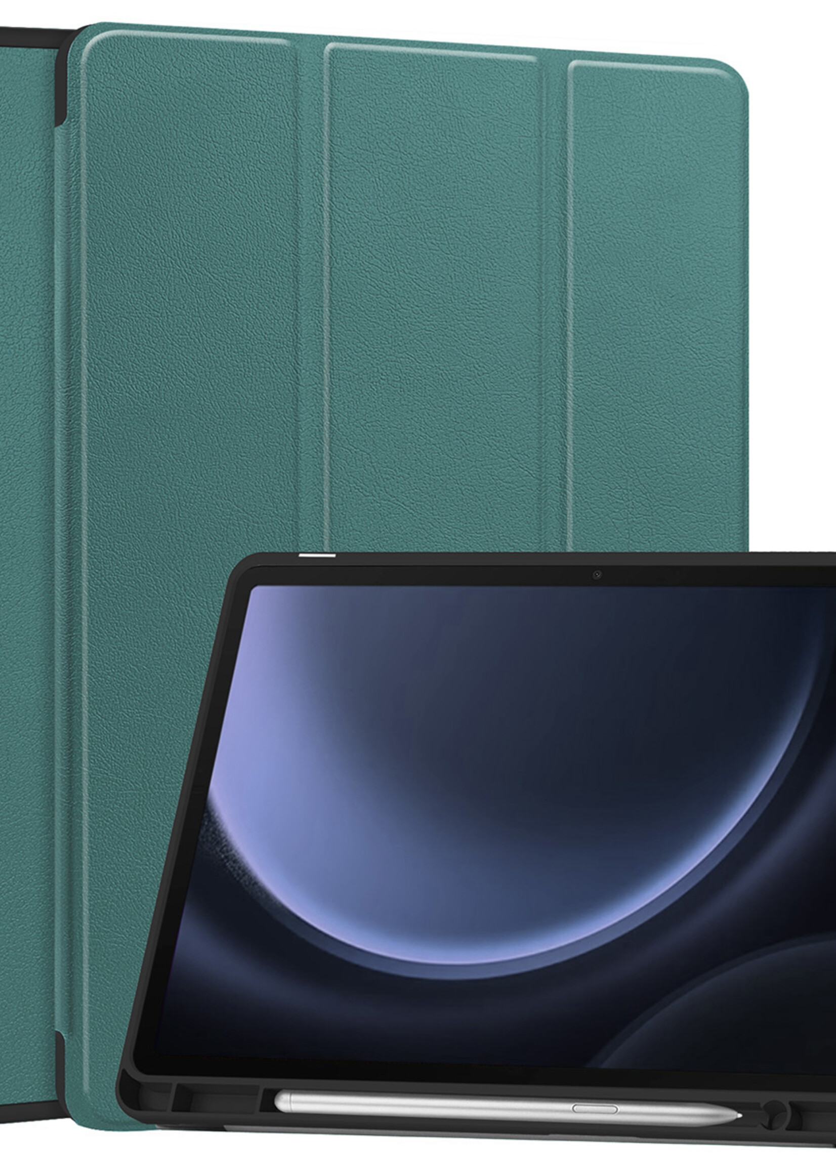 BTH Hoes Geschikt voor Samsung Galaxy Tab S9 FE Plus Hoes Book Case Hoesje Trifold Cover Met Uitsparing Geschikt voor S Pen - Hoesje Geschikt voor Samsung Tab S9 FE Plus Hoesje Bookcase - Donkergroen