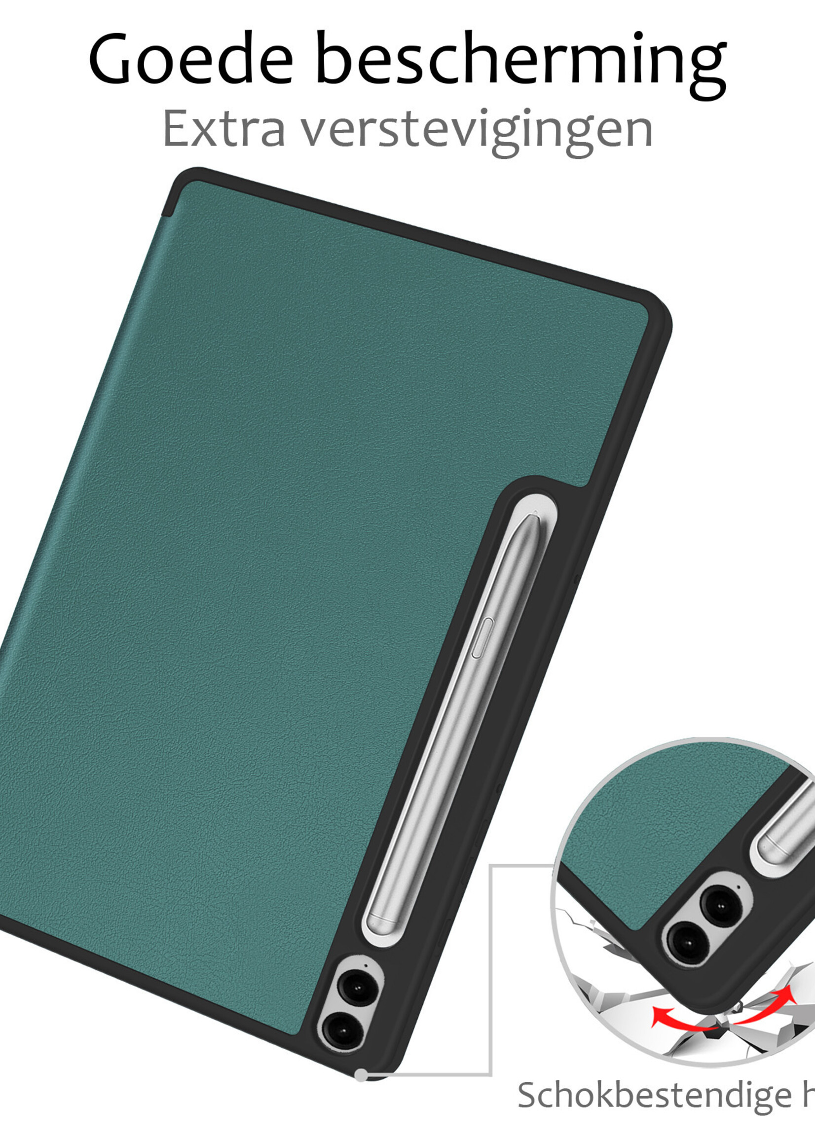 BTH Hoes Geschikt voor Samsung Galaxy Tab S9 FE Plus Hoes Book Case Hoesje Trifold Cover Met Uitsparing Geschikt voor S Pen - Hoesje Geschikt voor Samsung Tab S9 FE Plus Hoesje Bookcase - Donkergroen