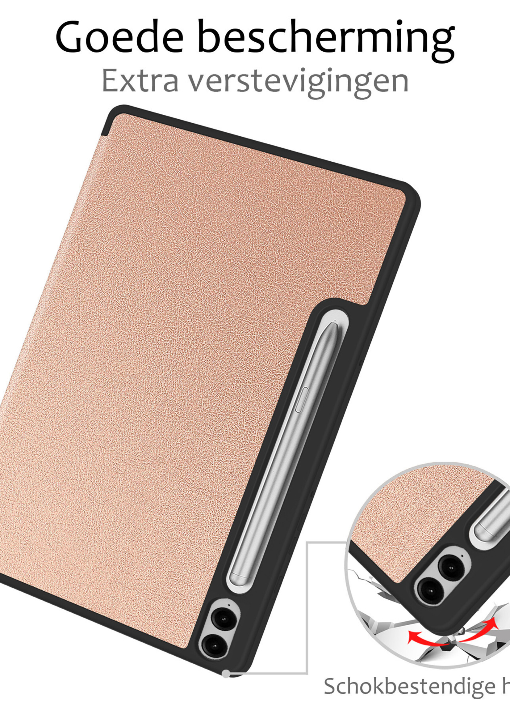 BTH Hoes Geschikt voor Samsung Galaxy Tab S9 FE Plus Hoes Book Case Hoesje Trifold Cover Met Uitsparing Geschikt voor S Pen - Hoesje Geschikt voor Samsung Tab S9 FE Plus Hoesje Bookcase - Rosé Goud