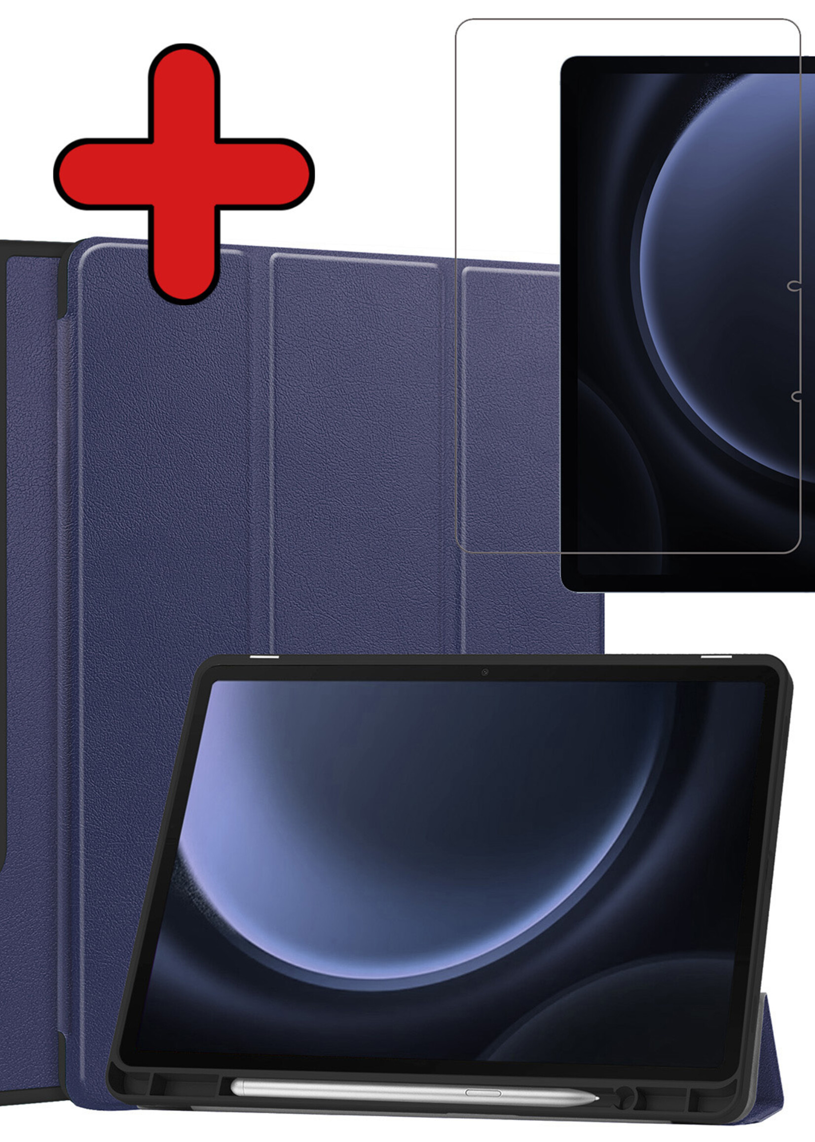 BTH Hoes Geschikt voor Samsung Galaxy Tab S9 FE Plus Hoes Book Case Hoesje Trifold Cover Met Uitsparing Geschikt voor S Pen Met Screenprotector - Hoesje Geschikt voor Samsung Tab S9 FE Plus Hoesje Bookcase - Donkerblauw