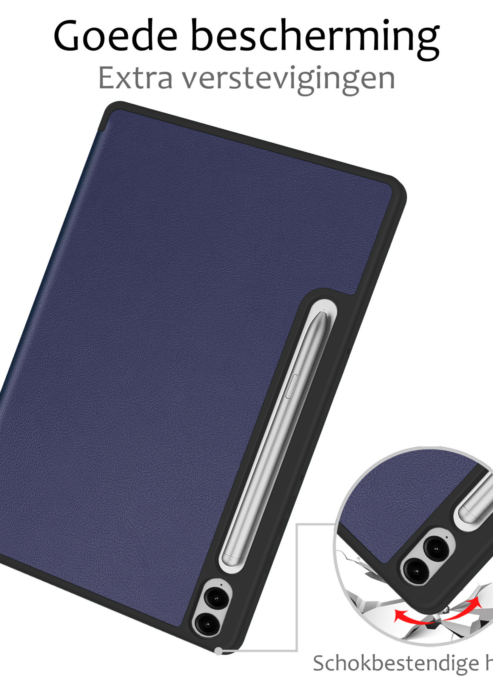 BTH Hoes Geschikt voor Samsung Galaxy Tab S9 FE Plus Hoes Book Case Hoesje Trifold Cover Met Uitsparing Geschikt voor S Pen Met Screenprotector - Hoesje Geschikt voor Samsung Tab S9 FE Plus Hoesje Bookcase - Donkerblauw