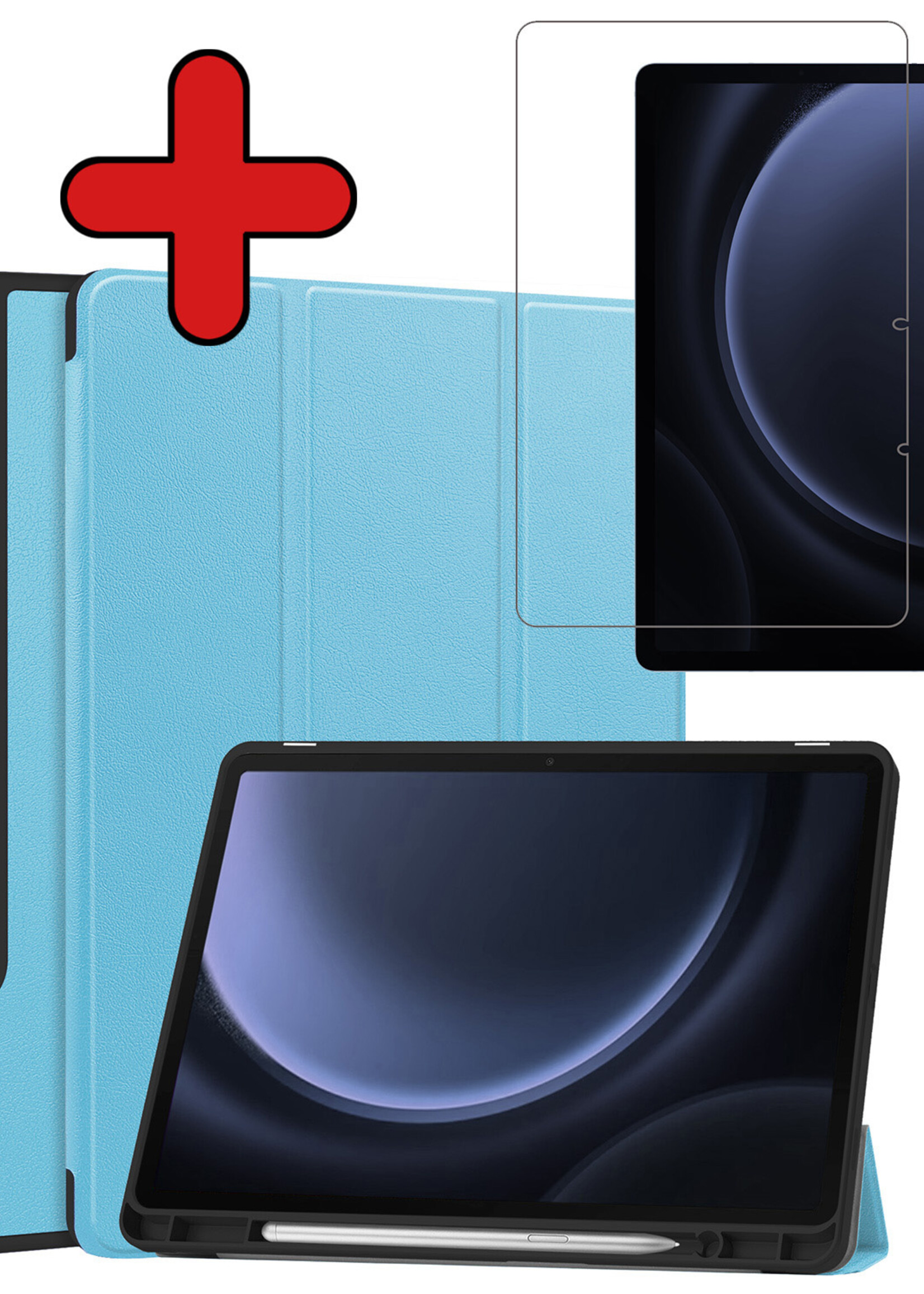 BTH Hoes Geschikt voor Samsung Galaxy Tab S9 FE Plus Hoes Book Case Hoesje Trifold Cover Met Uitsparing Geschikt voor S Pen Met Screenprotector - Hoesje Geschikt voor Samsung Tab S9 FE Plus Hoesje Bookcase - Lichtblauw