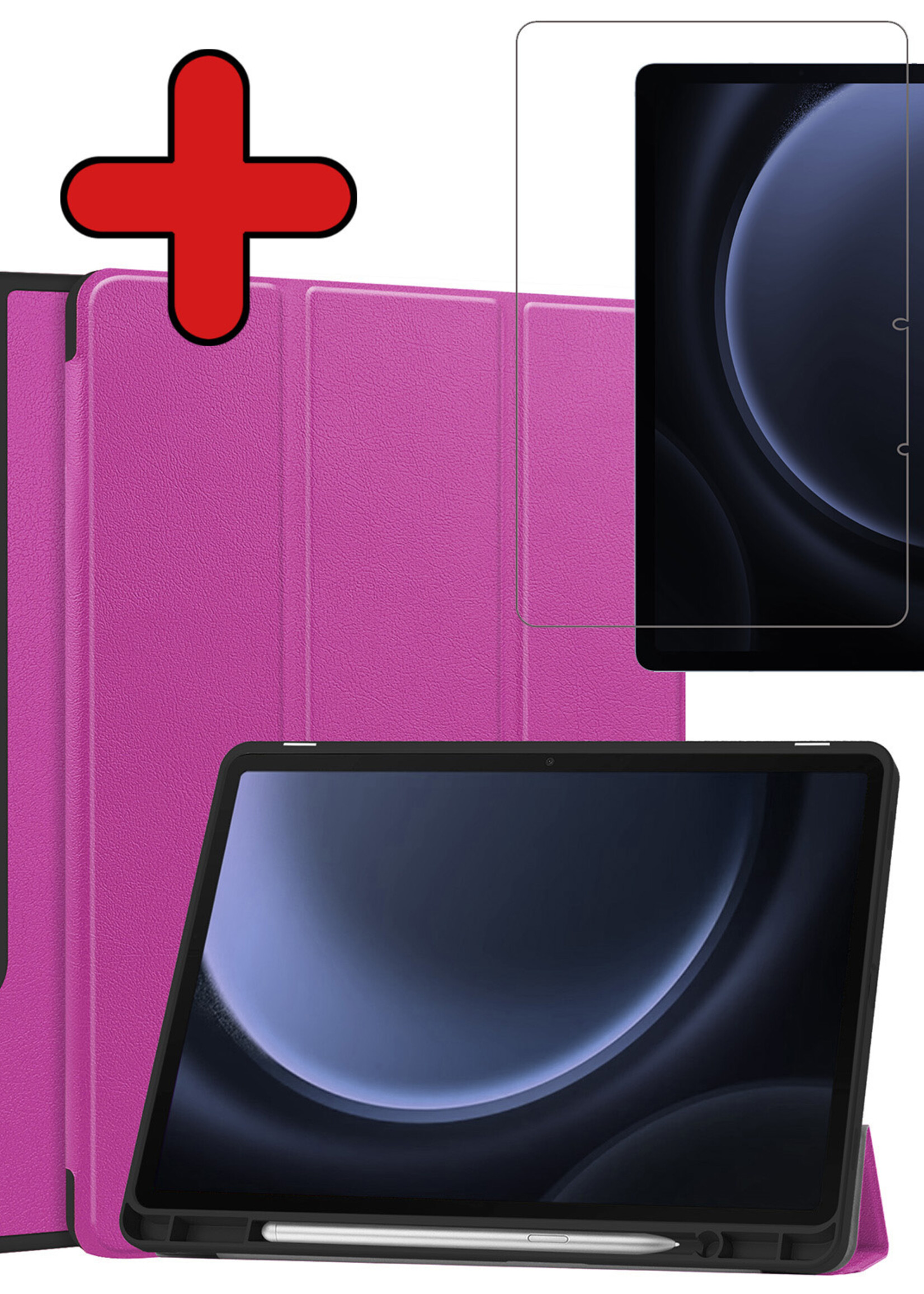 BTH Hoes Geschikt voor Samsung Galaxy Tab S9 FE Plus Hoes Book Case Hoesje Trifold Cover Met Uitsparing Geschikt voor S Pen Met Screenprotector - Hoesje Geschikt voor Samsung Tab S9 FE Plus Hoesje Bookcase - Paars