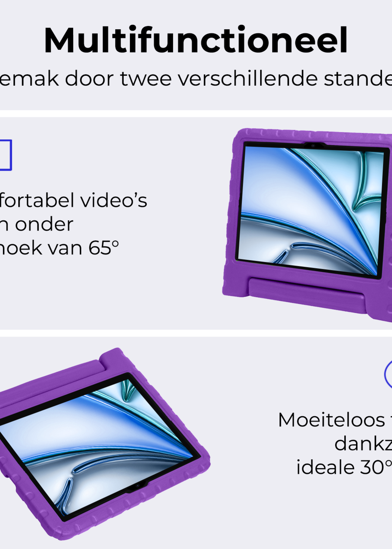 BTH Kinderhoes Geschikt voor iPad Air 6 (11 inch) Hoes Kinder Hoesje Kids Case Cover Kidsproof Met 2x Screenprotector - Hoesje Geschikt voor iPad Air 2024 (11 inch) Hoesje Kinder Hoes - Paars