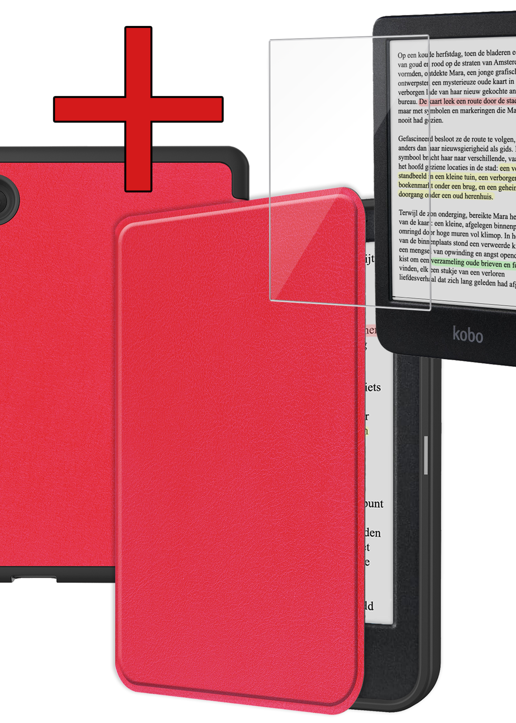 BTH Hoesje Geschikt voor Kobo Clara Colour Hoesje Luxe Bescherm Case Met Screenprotector - Hoes Geschikt voor Kobo Clara Colour Hoes Book Cover - Rood