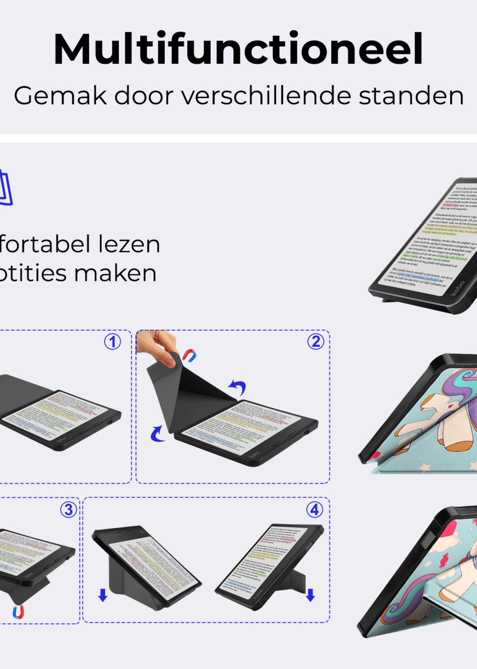 BTH Hoesje Geschikt voor Kobo Libra Colour Hoesje Trifold Bescherm Case - Hoes Geschikt voor Kobo Libra Colour Hoes Book Cover - Eenhoorn