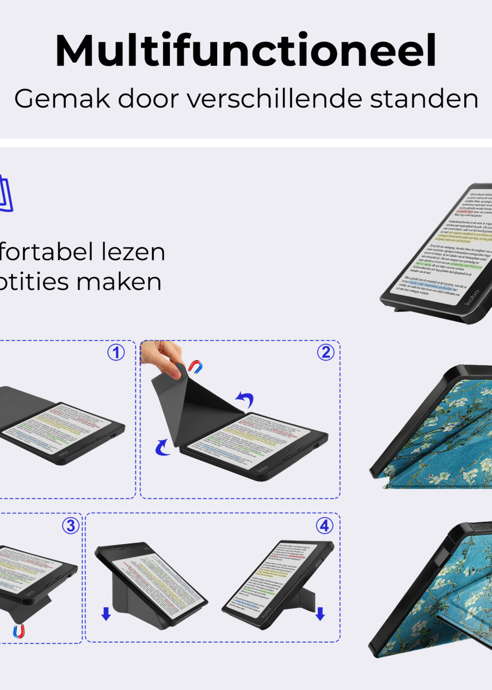 BTH Hoesje Geschikt voor Kobo Libra Colour Hoesje Trifold Bescherm Case Met Screenprotector - Hoes Geschikt voor Kobo Libra Colour Hoes Book Cover - Bloesem
