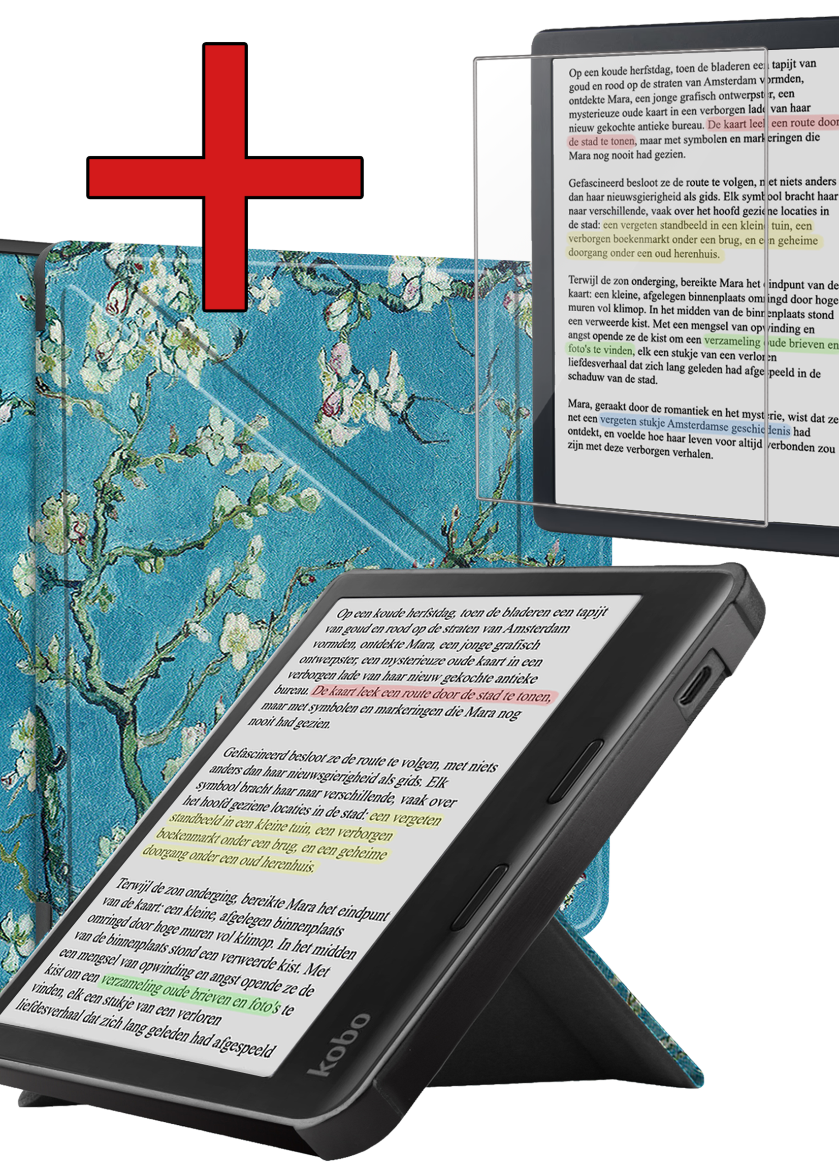 BTH Hoesje Geschikt voor Kobo Libra Colour Hoesje Trifold Bescherm Case Met Screenprotector - Hoes Geschikt voor Kobo Libra Colour Hoes Book Cover - Bloesem