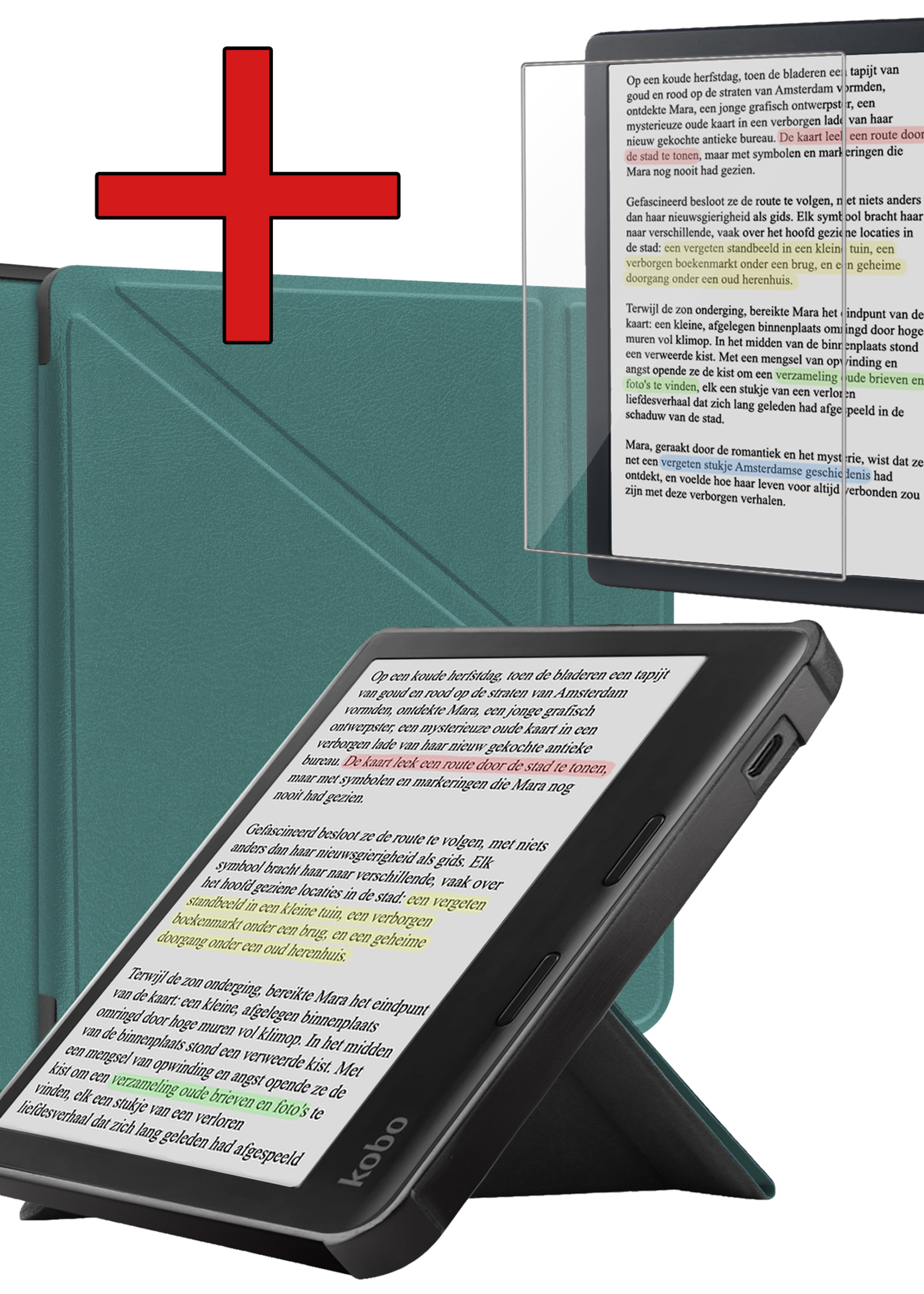 BTH Hoesje Geschikt voor Kobo Libra Colour Hoesje Trifold Bescherm Case Met Screenprotector - Hoes Geschikt voor Kobo Libra Colour Hoes Book Cover - Donkergroen