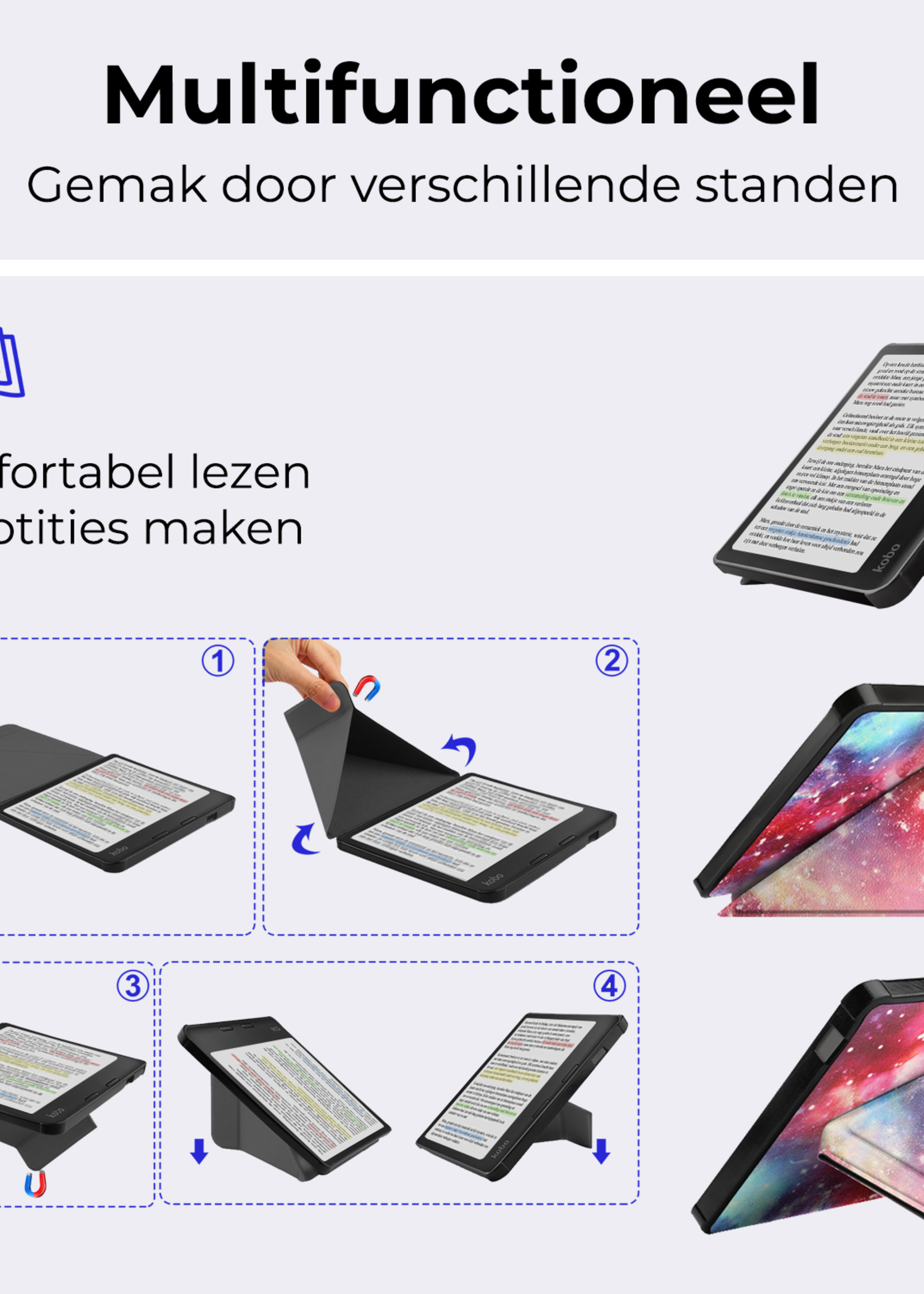 BTH Hoesje Geschikt voor Kobo Libra Colour Hoesje Trifold Bescherm Case Met Screenprotector - Hoes Geschikt voor Kobo Libra Colour Hoes Book Cover - Galaxy