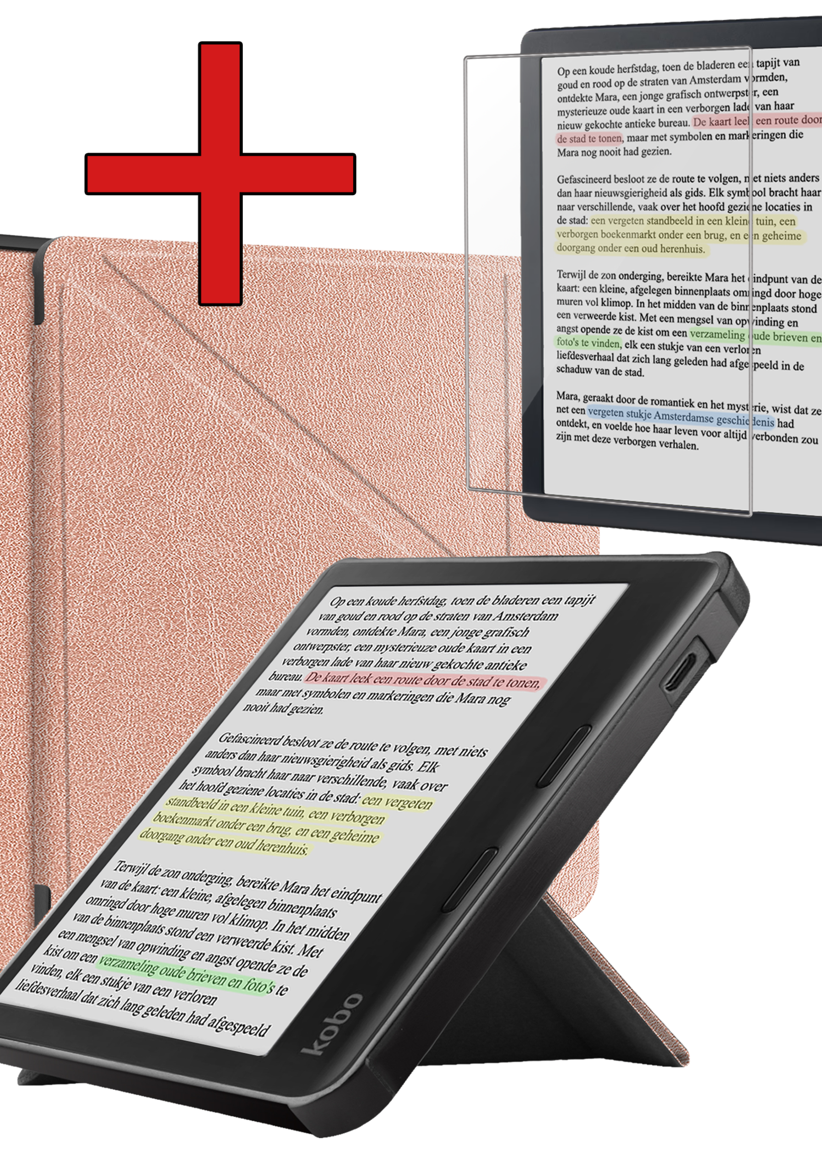 BTH Hoesje Geschikt voor Kobo Libra Colour Hoesje Trifold Bescherm Case Met Screenprotector - Hoes Geschikt voor Kobo Libra Colour Hoes Book Cover - Rosé Goud