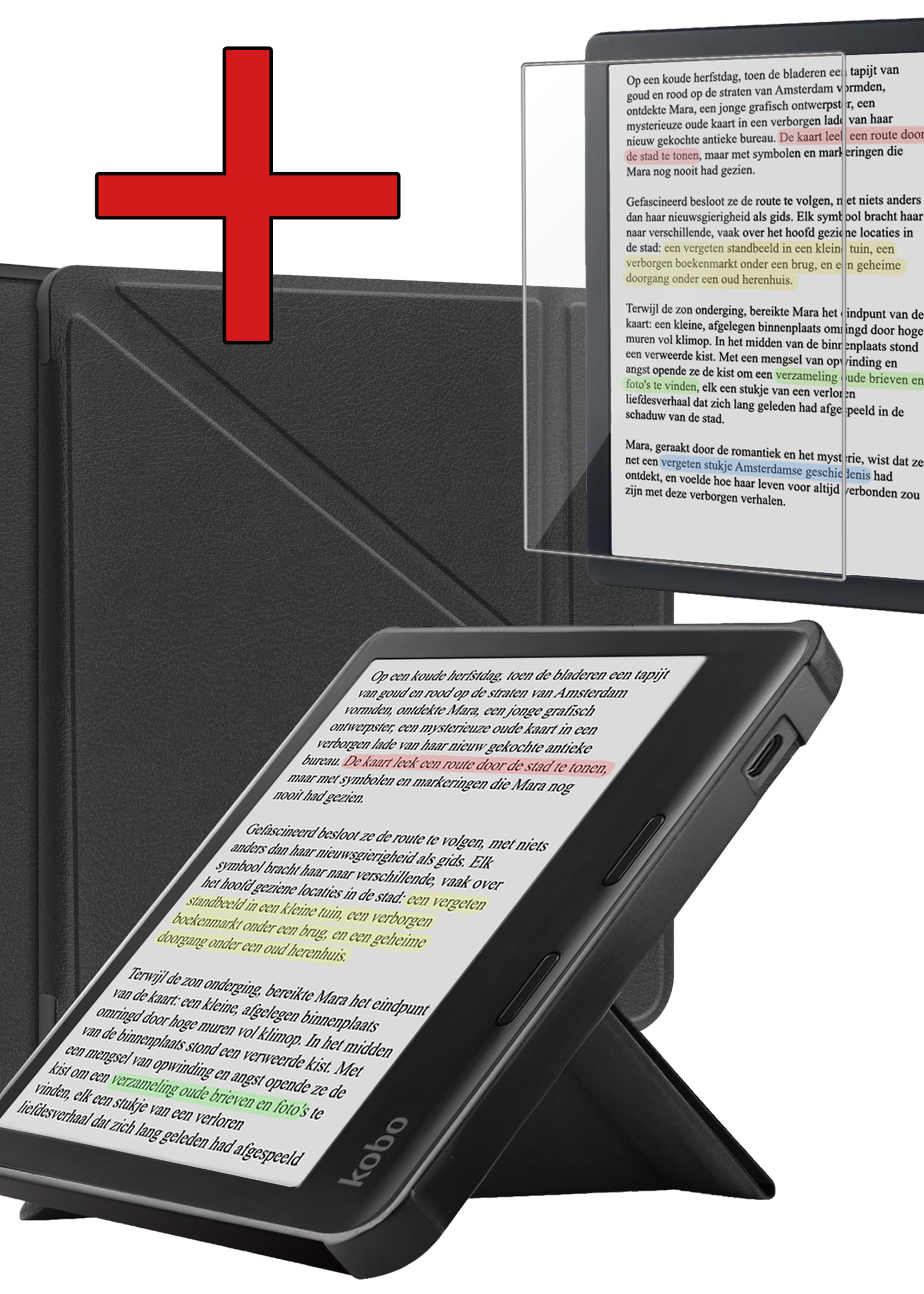 BTH Hoesje Geschikt voor Kobo Libra Colour Hoesje Trifold Bescherm Case Met Screenprotector - Hoes Geschikt voor Kobo Libra Colour Hoes Book Cover - Zwart
