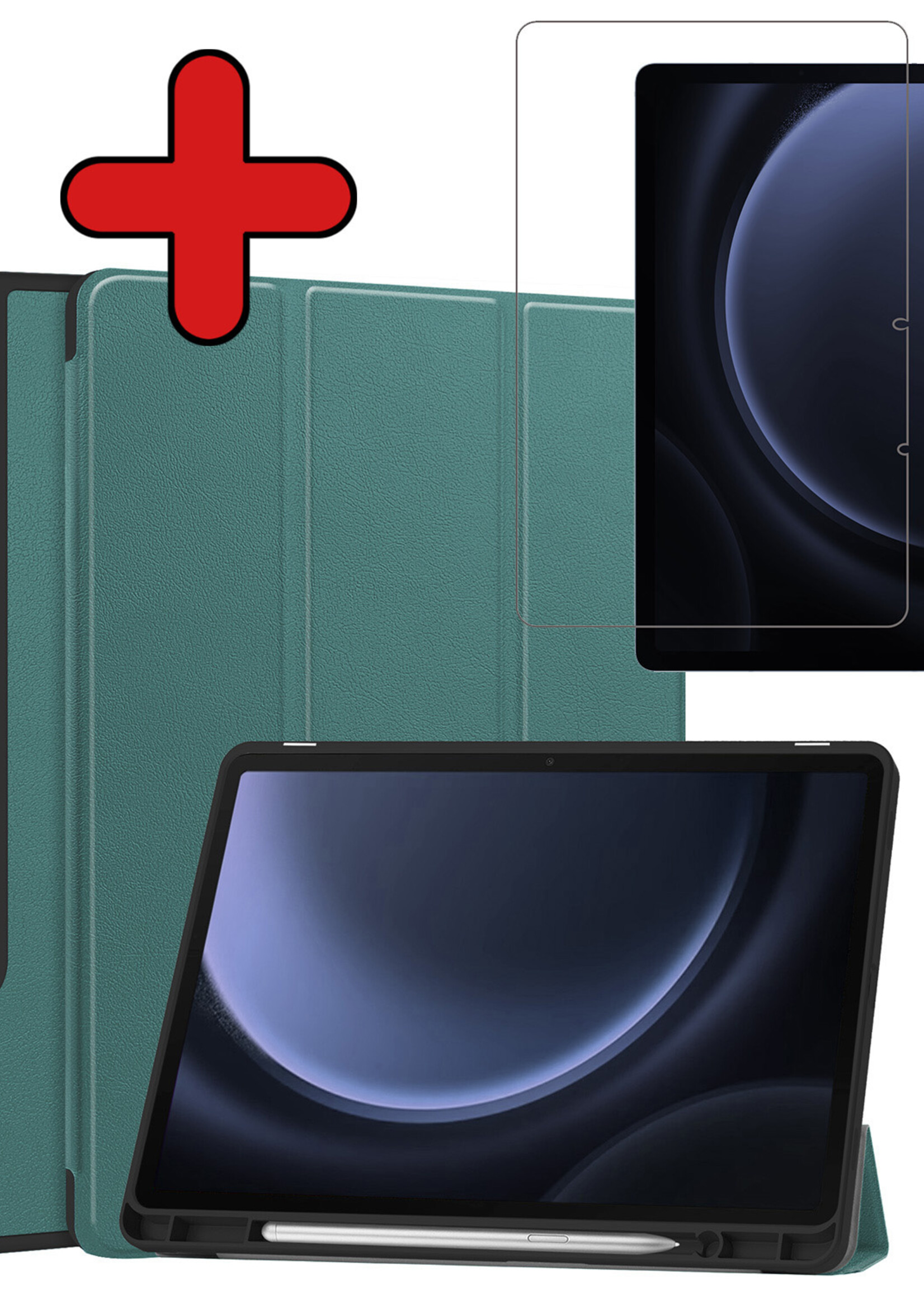 BTH Hoes Geschikt voor Samsung Galaxy Tab S9 FE Plus Hoes Book Case Hoesje Trifold Cover Met Uitsparing Geschikt voor S Pen Met Screenprotector - Hoesje Geschikt voor Samsung Tab S9 FE Plus Hoesje Bookcase - Donkergroen