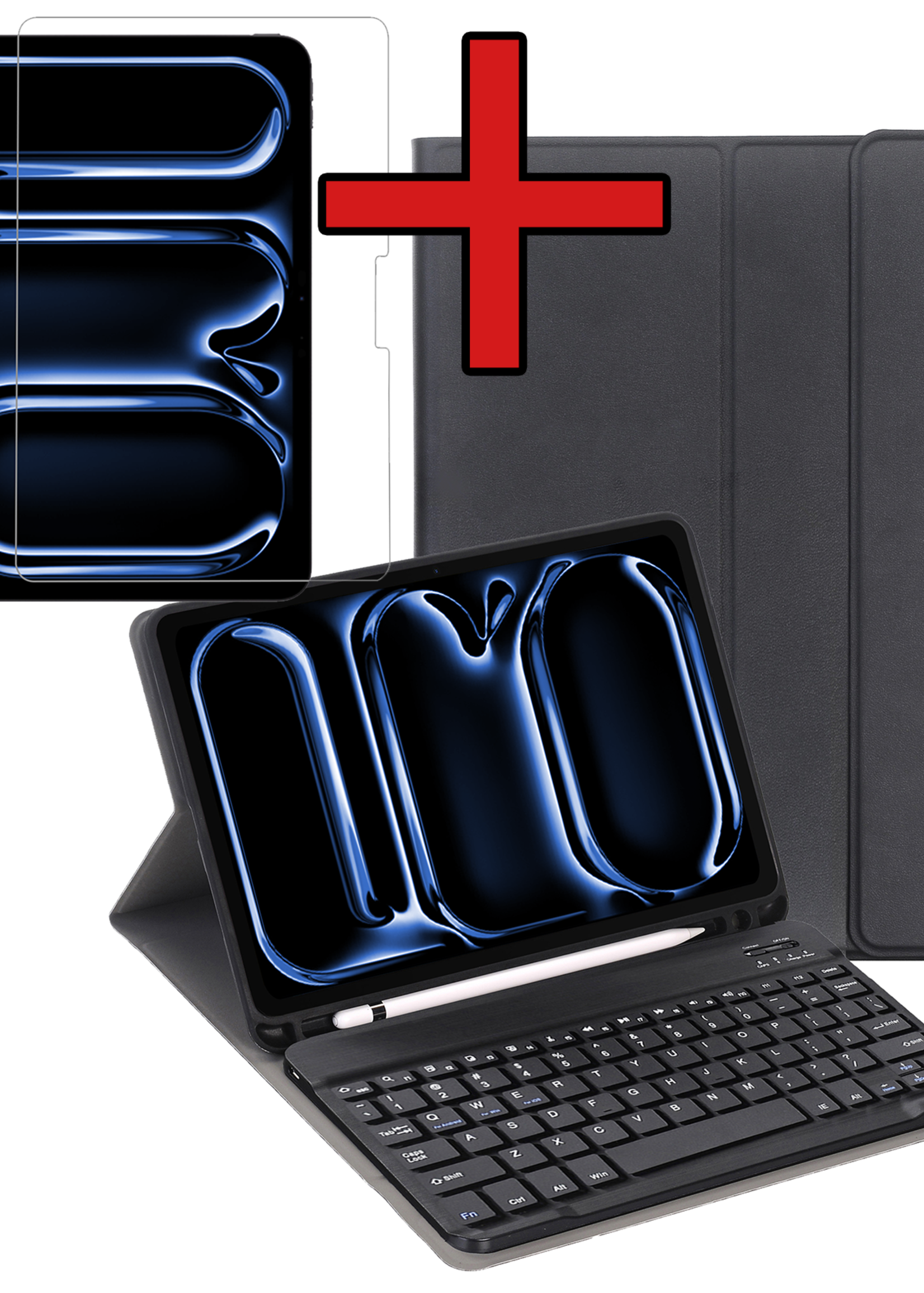 BTH iPad Pro 11 inch 2024 Hoesje Toetsenbord En Screenprotector - iPad Pro 11 inch 2024 Hoes Luxe Keyboard Case Cover Met Bescherm Glas (10,9 inch) - Zwart
