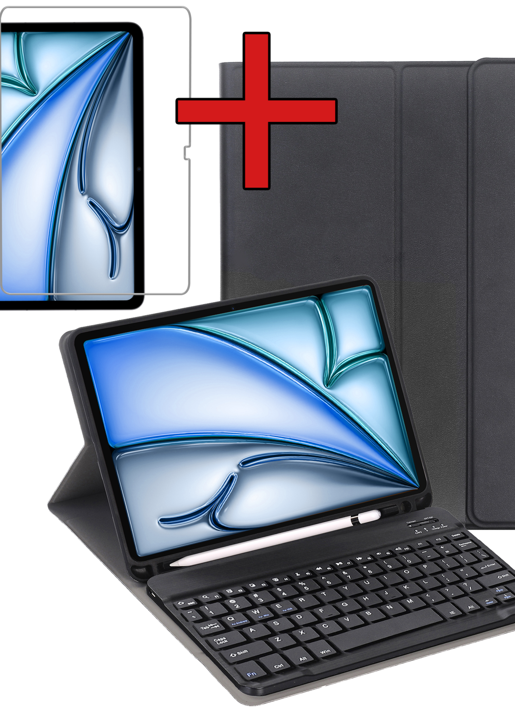 BTH iPad Air 6 (13 inch) Hoesje Toetsenbord En Screenprotector - iPad Air 6 (13 inch) Hoes Luxe Keyboard Case Cover Met Bescherm Glas (10,9 inch) - Zwart