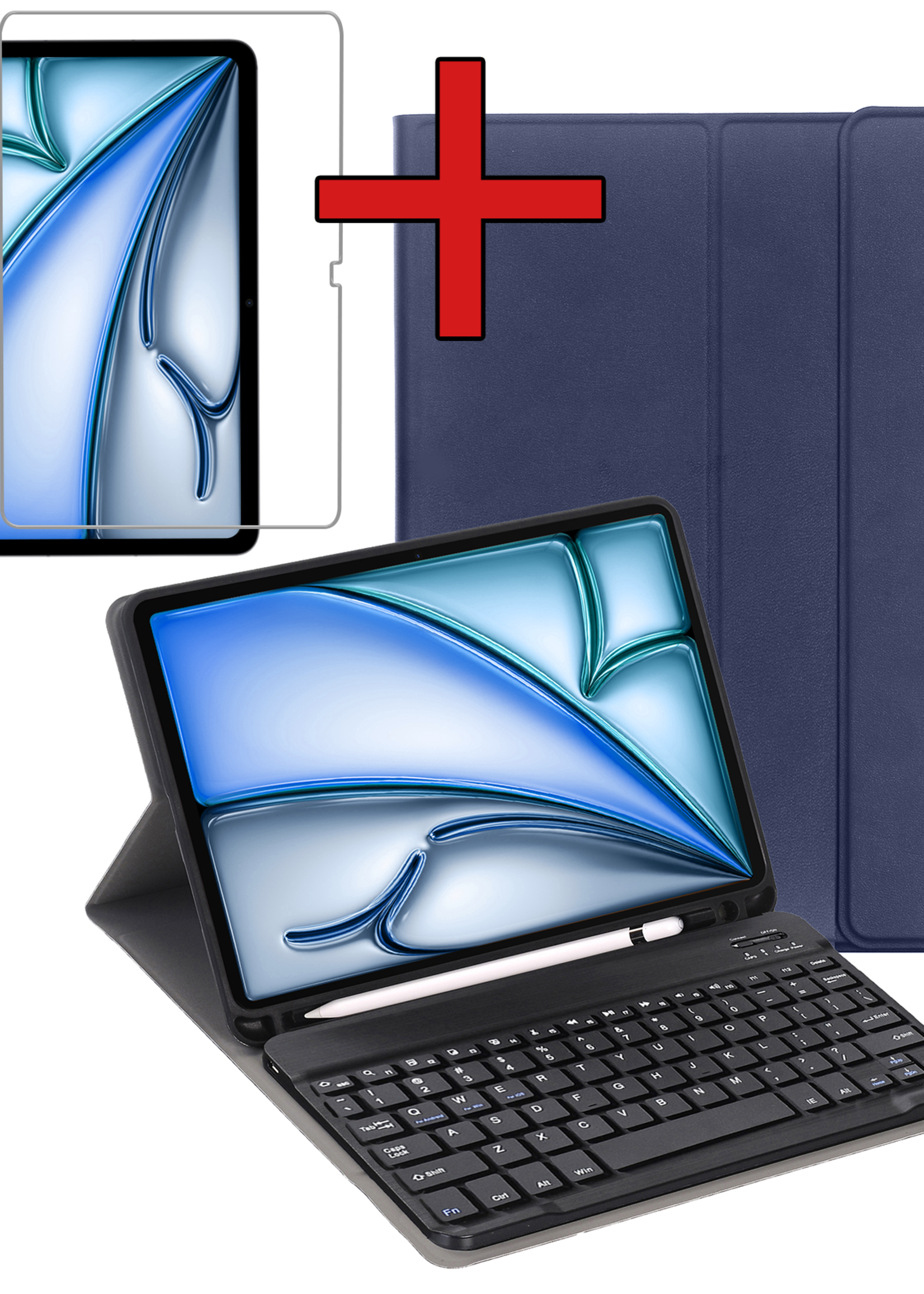 BTH iPad Air 6 (13 inch) Hoesje Toetsenbord En Screenprotector - iPad Air 6 (13 inch) Hoes Luxe Keyboard Case Cover Met Bescherm Glas (10,9 inch) - Donkerblauw