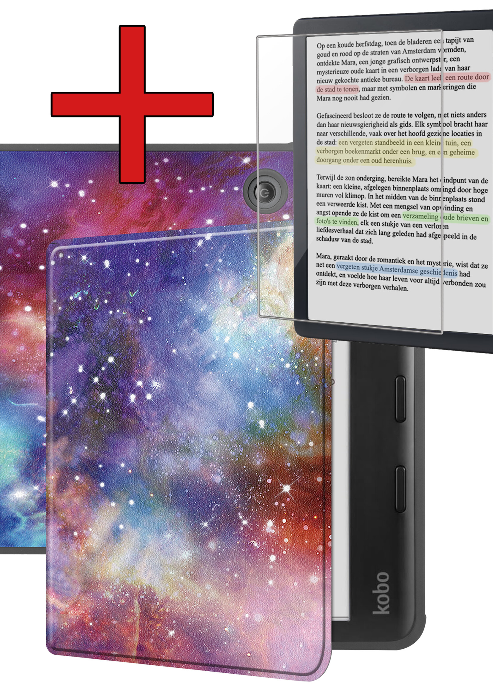 BTH Hoesje Geschikt voor Kobo Libra Colour Hoesje Luxe Bescherm Case Met Screenprotector - Hoes Geschikt voor Kobo Libra Colour Hoes Book Cover - Galaxy