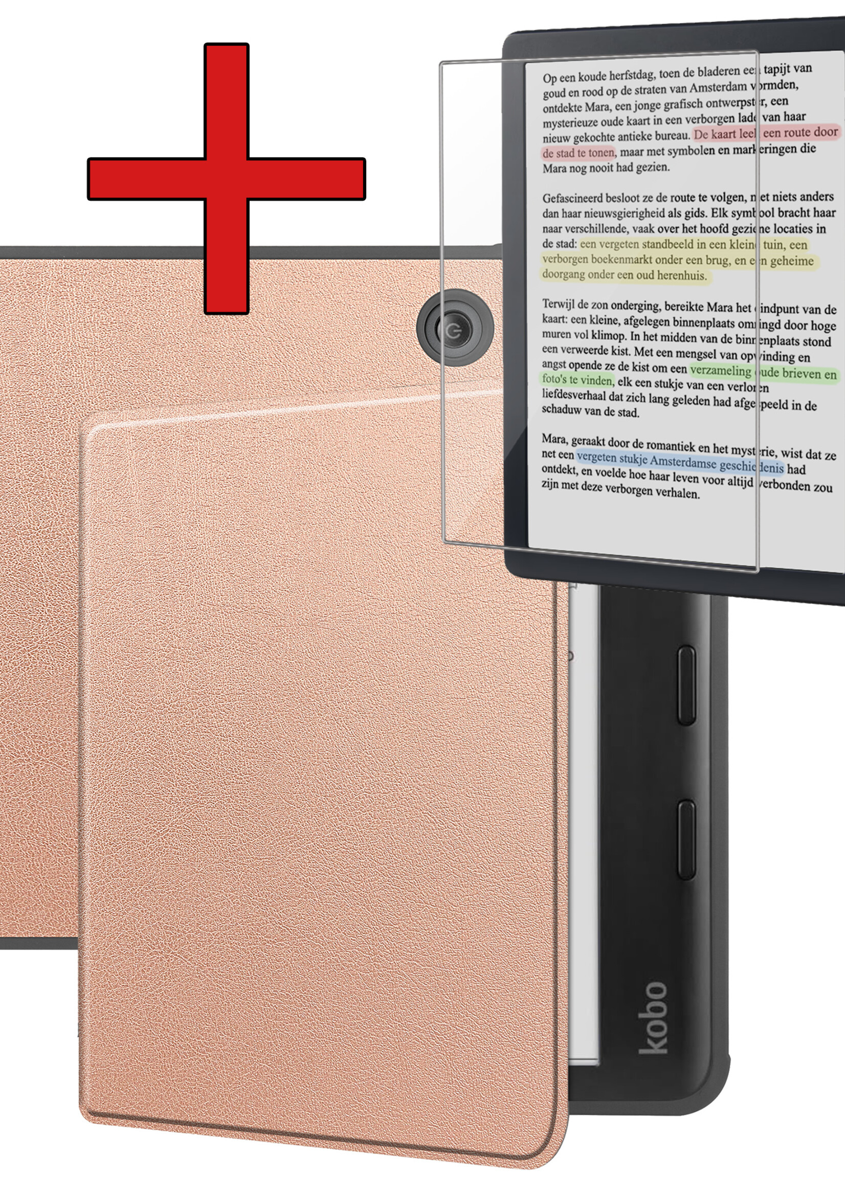 BTH Hoesje Geschikt voor Kobo Libra Colour Hoesje Luxe Bescherm Case Met Screenprotector - Hoes Geschikt voor Kobo Libra Colour Hoes Book Cover - Rosé Goud