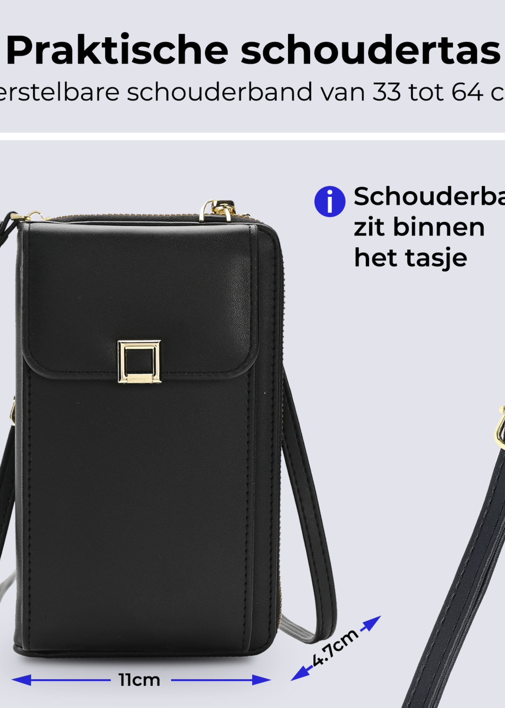 BTH Telefoontasje Met Portemonee Schoudertas Voor Telefoon - Lederen Crossbody Tas Dames - Zwart